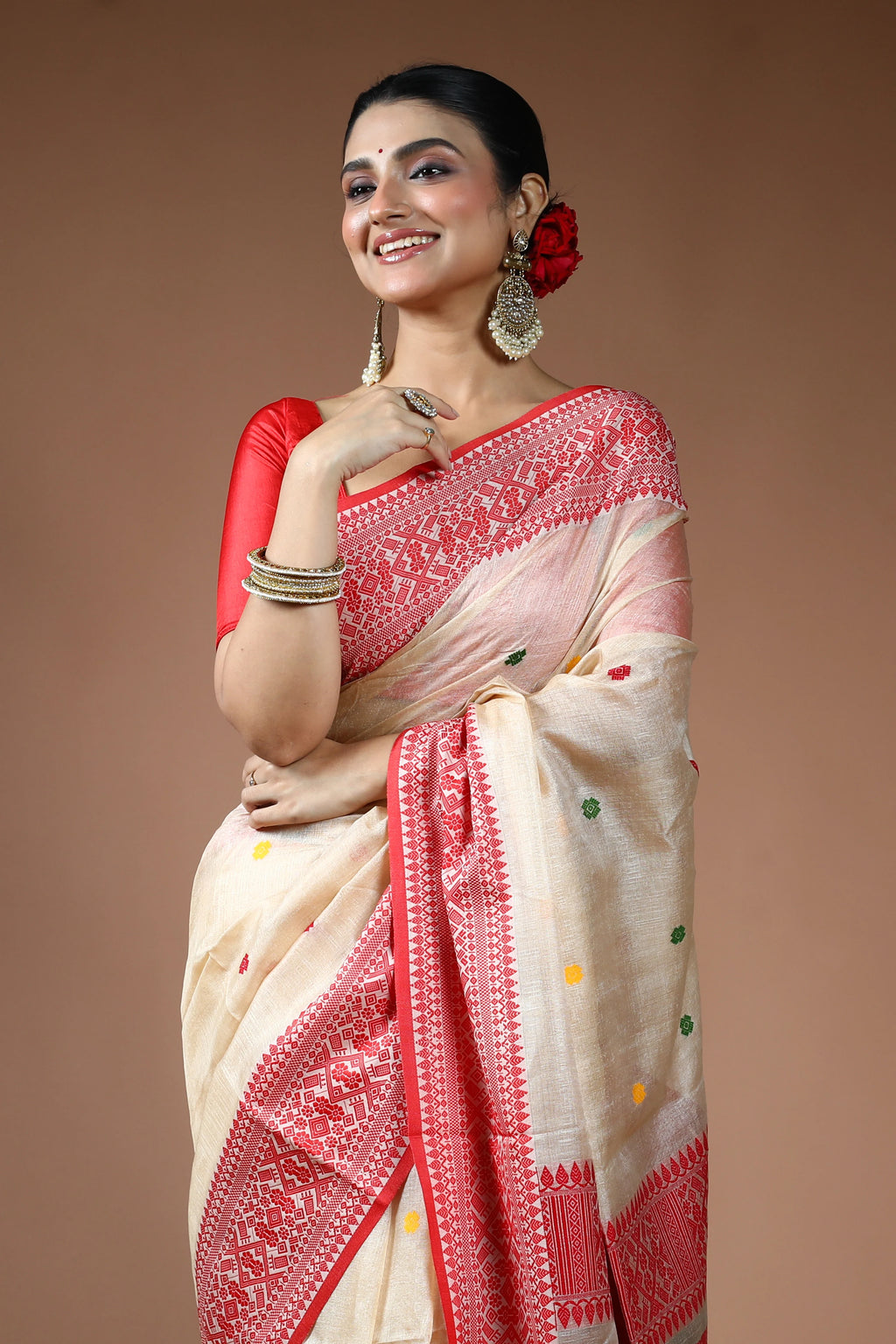 Beige and Red Tussar Saree with Blouse Piece
