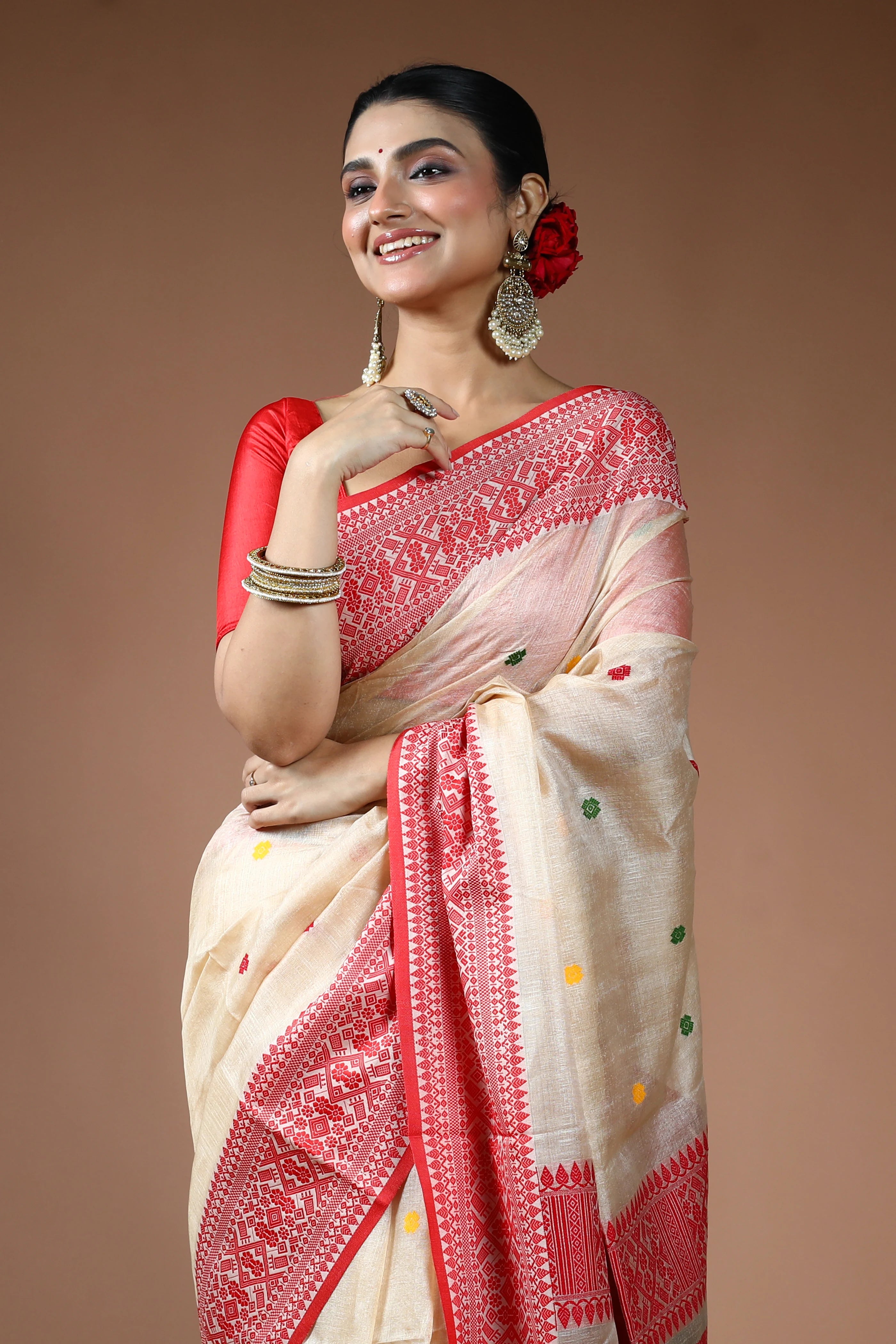 Beige and Red Tussar Saree with Blouse Piece