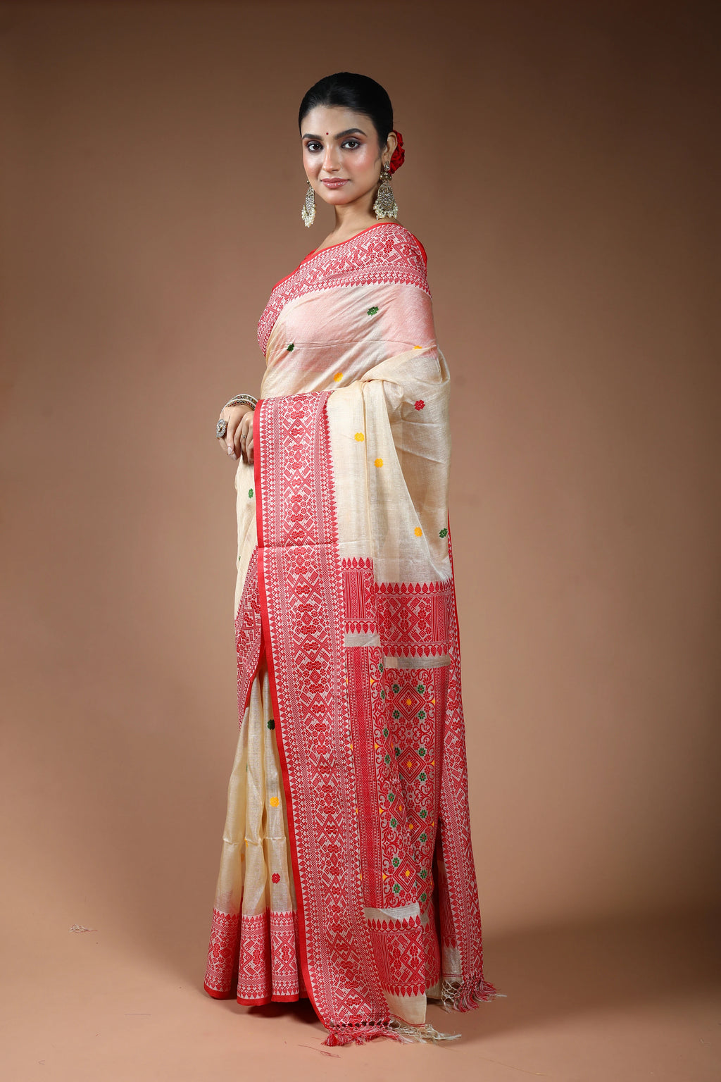 Beige and Red Tussar Saree with Blouse Piece