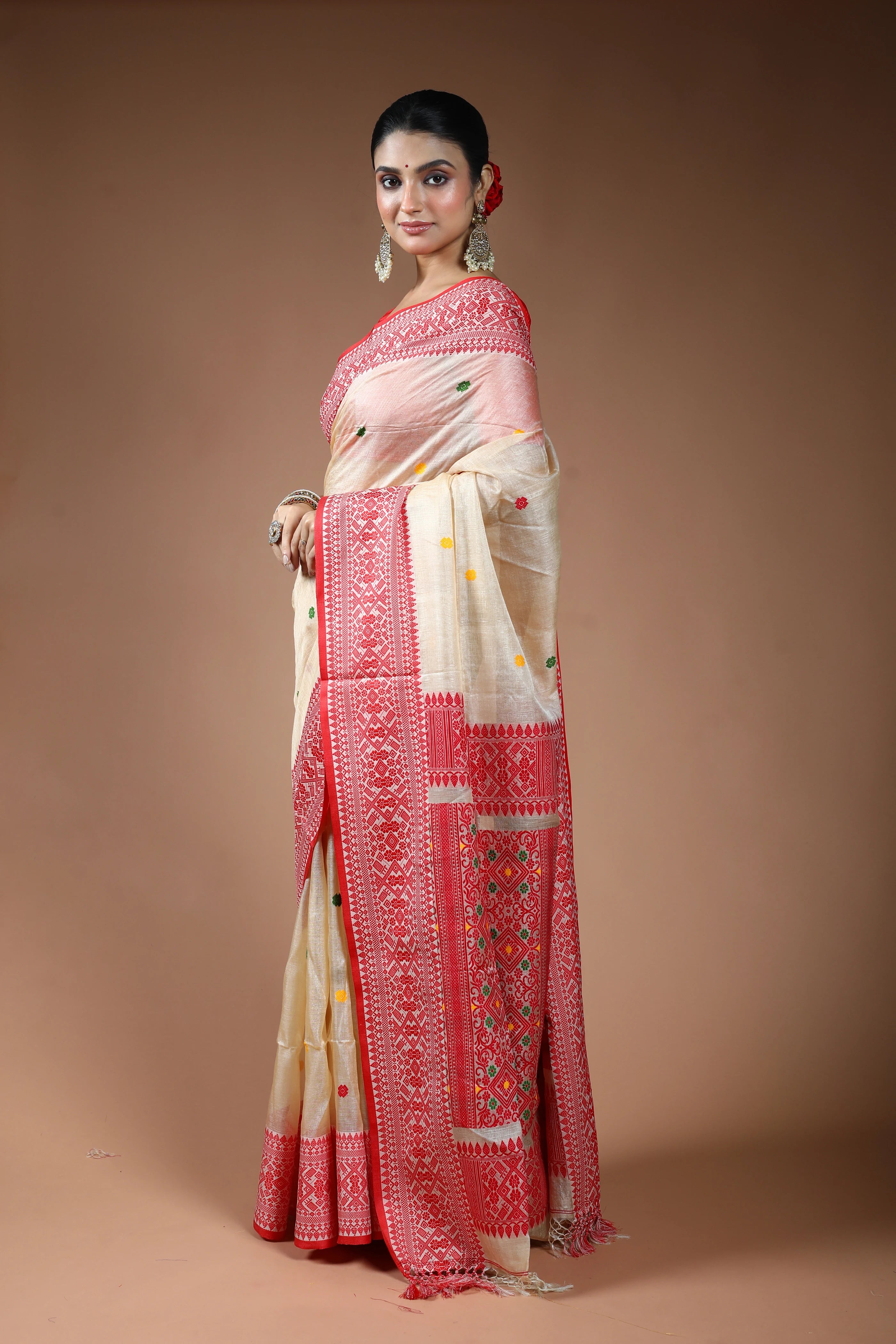 Beige and Red Tussar Saree with Blouse Piece