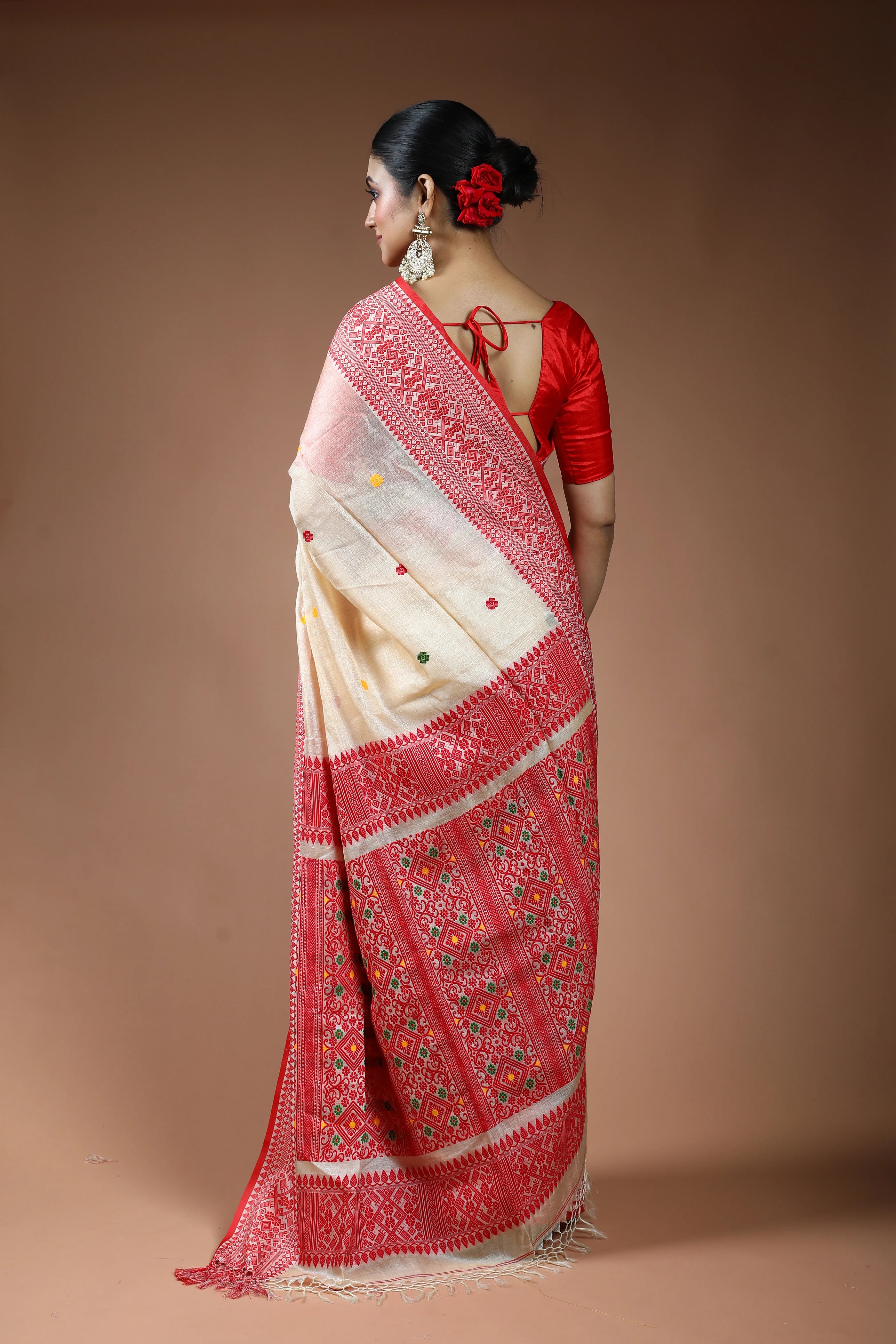Beige and Red Tussar Saree with Blouse Piece
