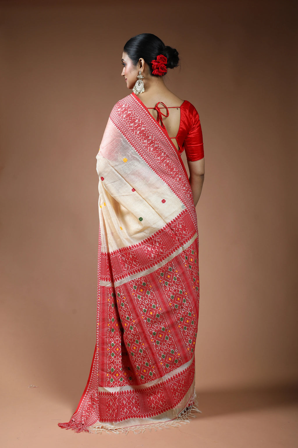 Beige and Red Tussar Saree with Blouse Piece