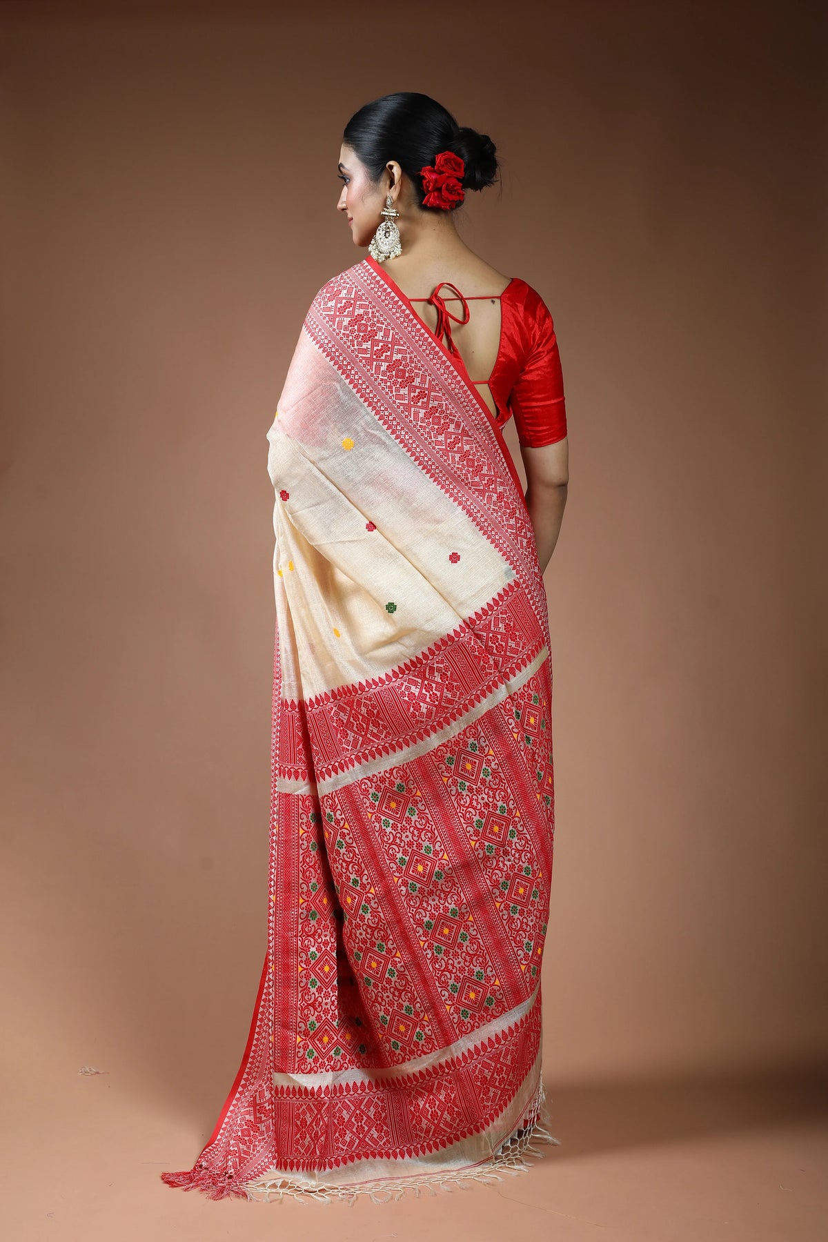 Beige and Red Tussar Saree with Blouse Piece