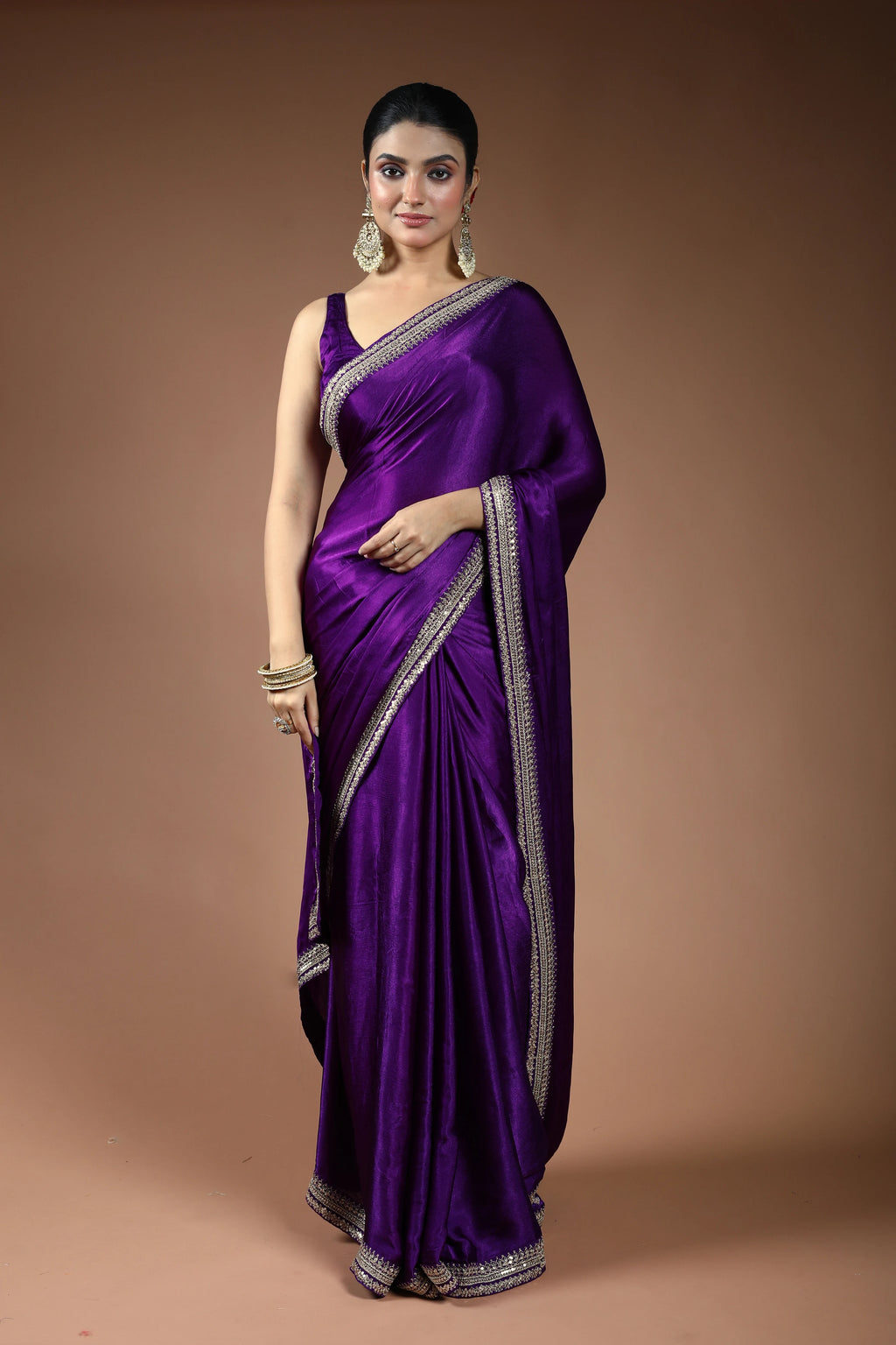 Purple Satin Saree with Blouse Piece