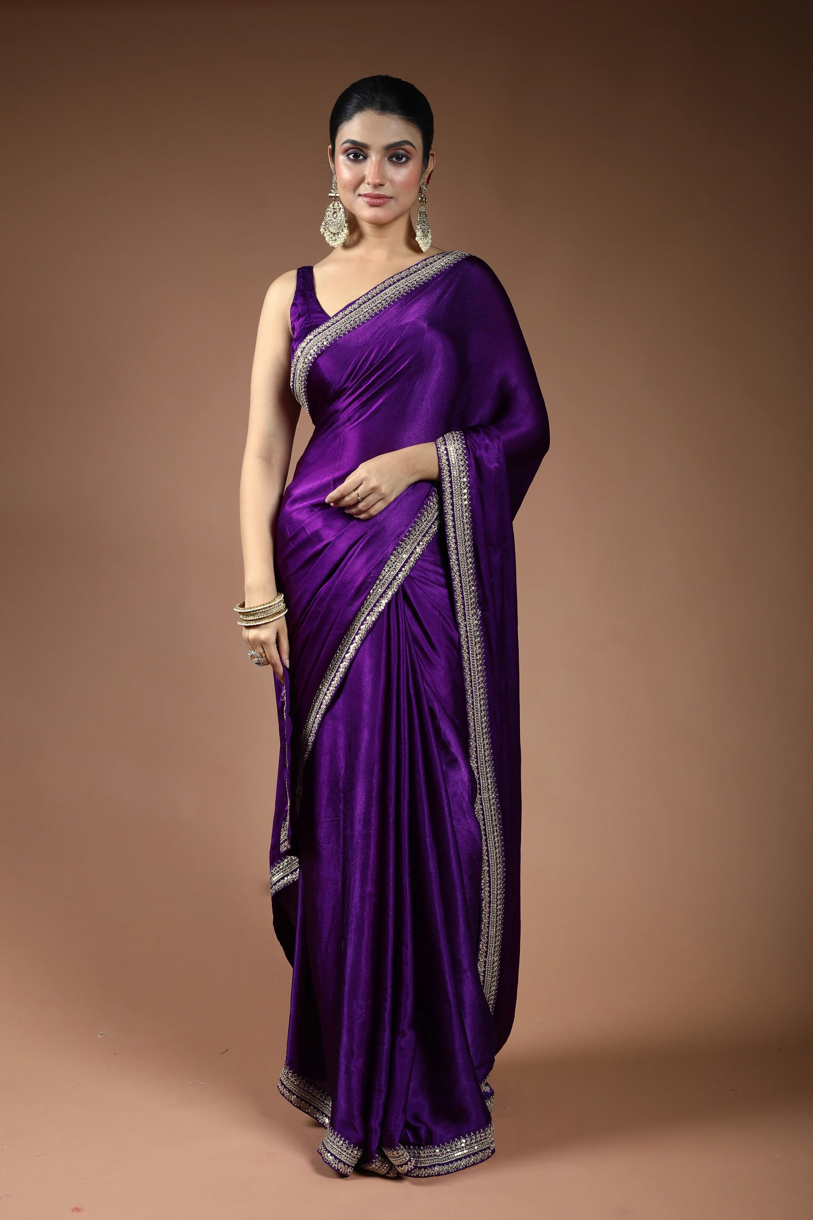 Purple Satin Saree with Blouse Piece