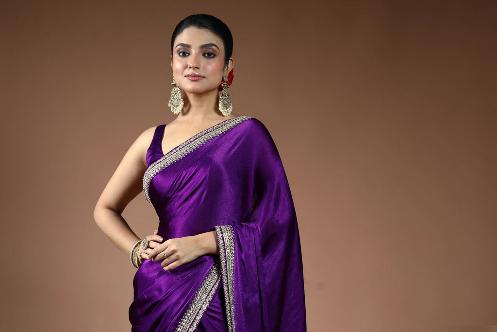Purple Satin Saree with Blouse Piece