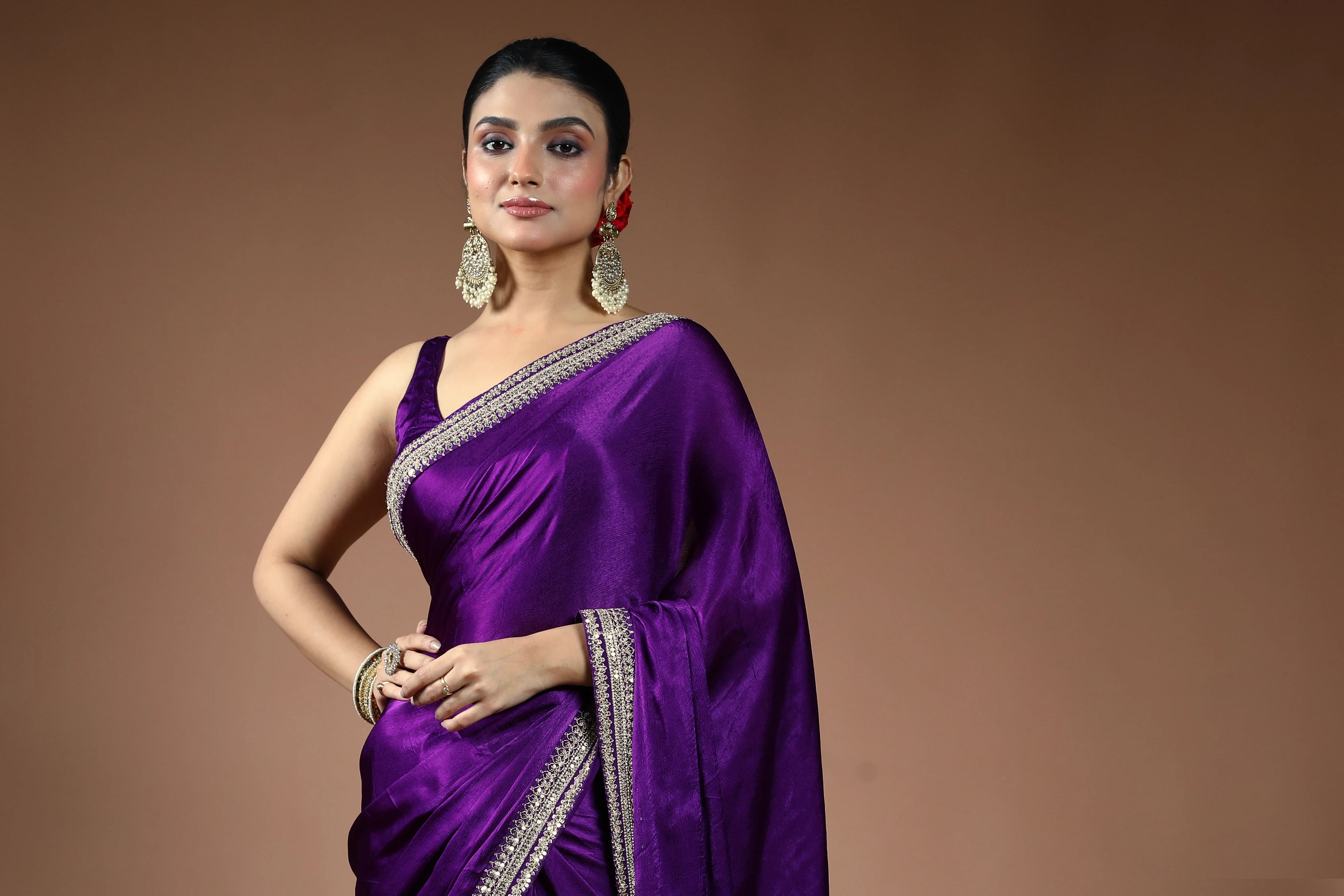 Purple Satin Saree with Blouse Piece