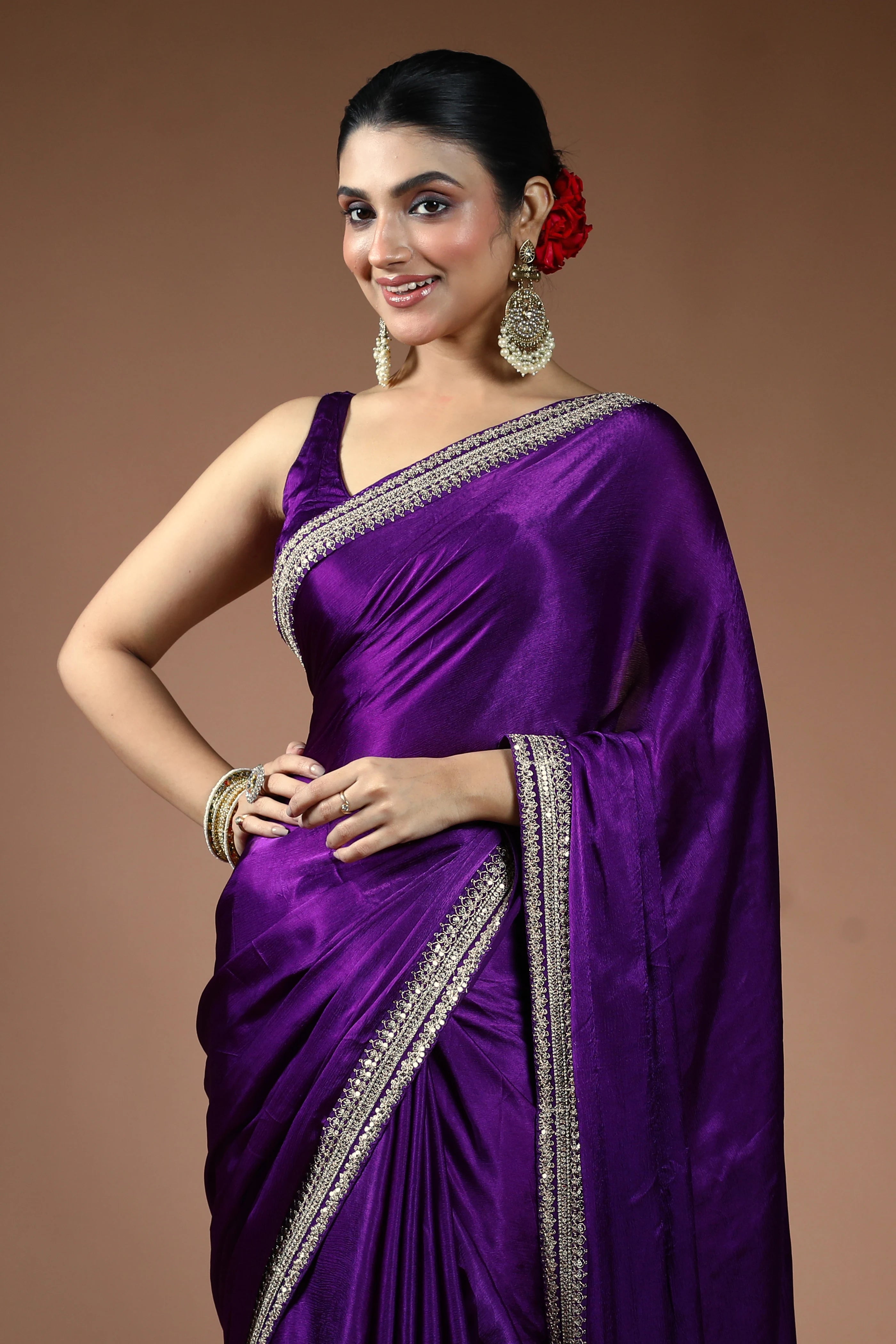 Purple Satin Saree with Blouse Piece