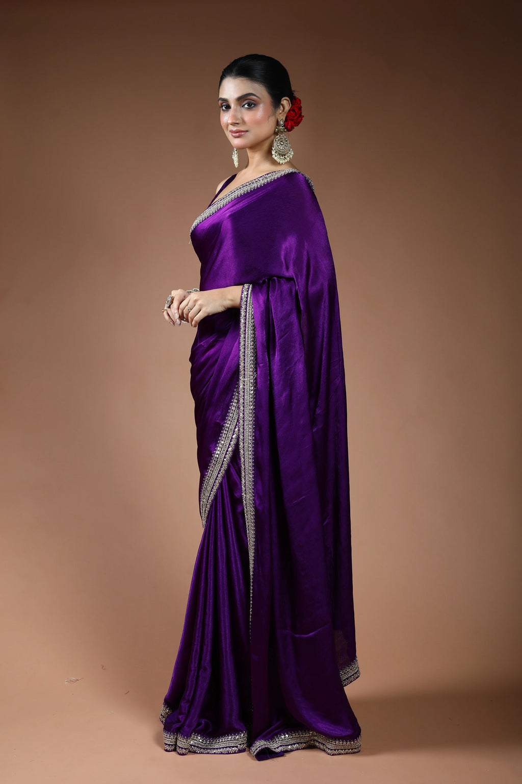 Purple Satin Saree with Blouse Piece
