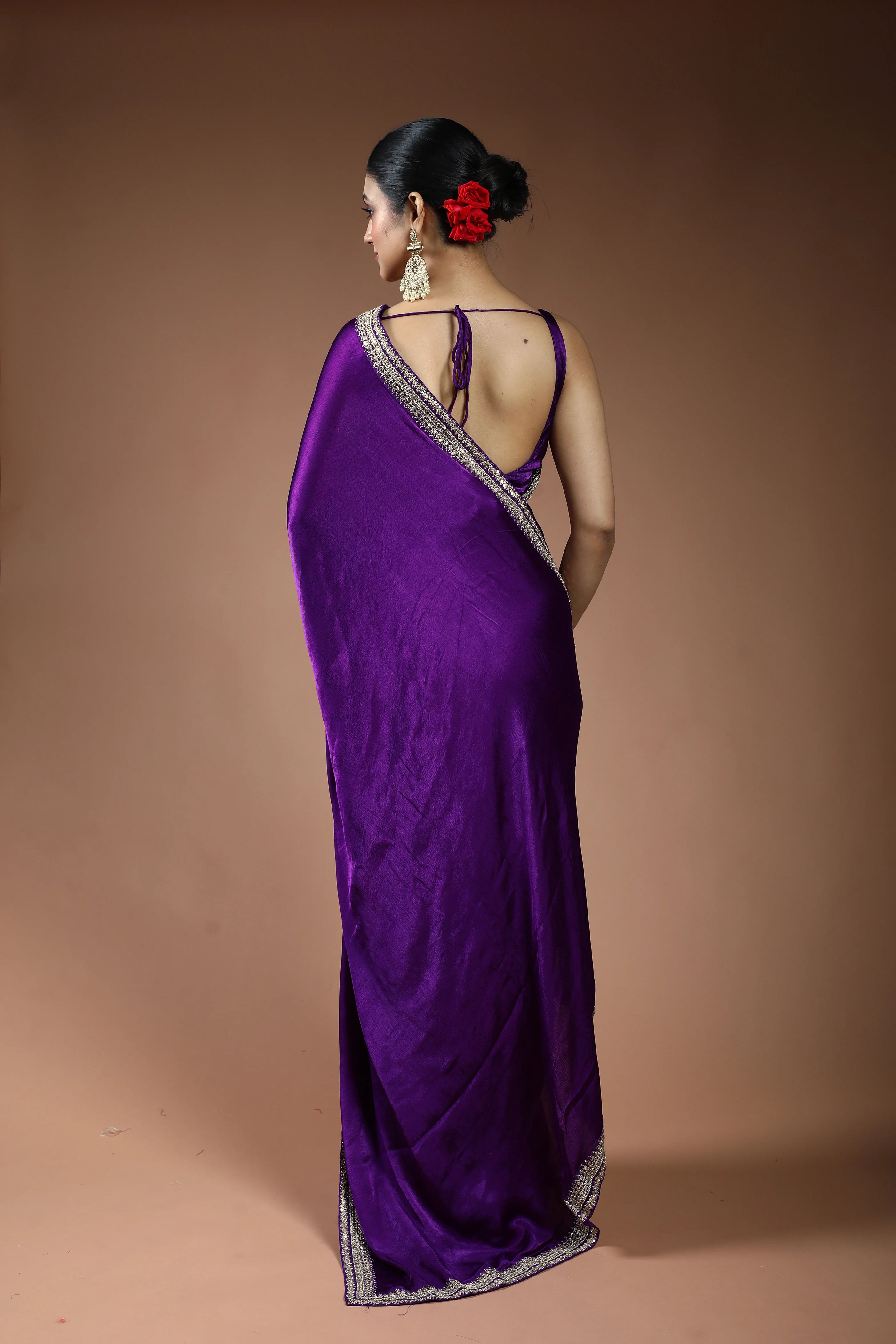 Purple Satin Saree with Blouse Piece