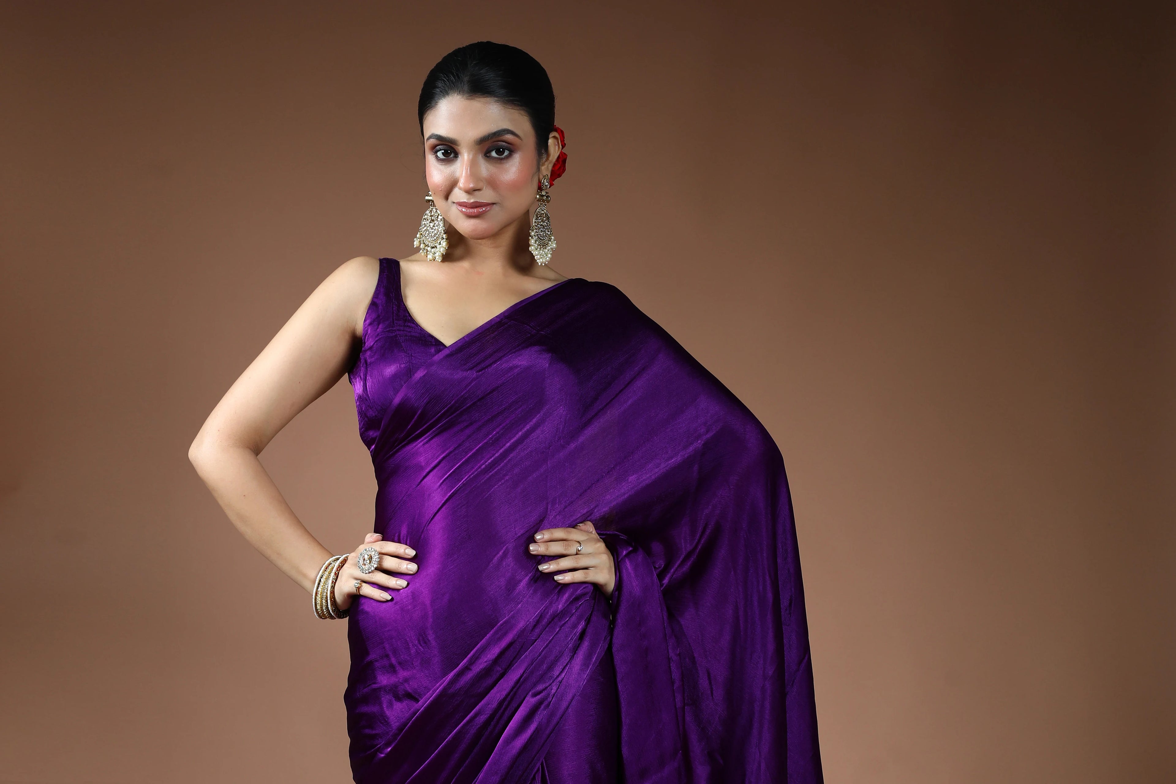 Purple Crepe Satin Saree with Blouse Piece