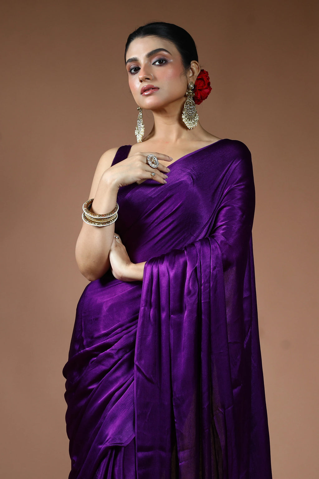 Purple Crepe Satin Saree with Blouse Piece