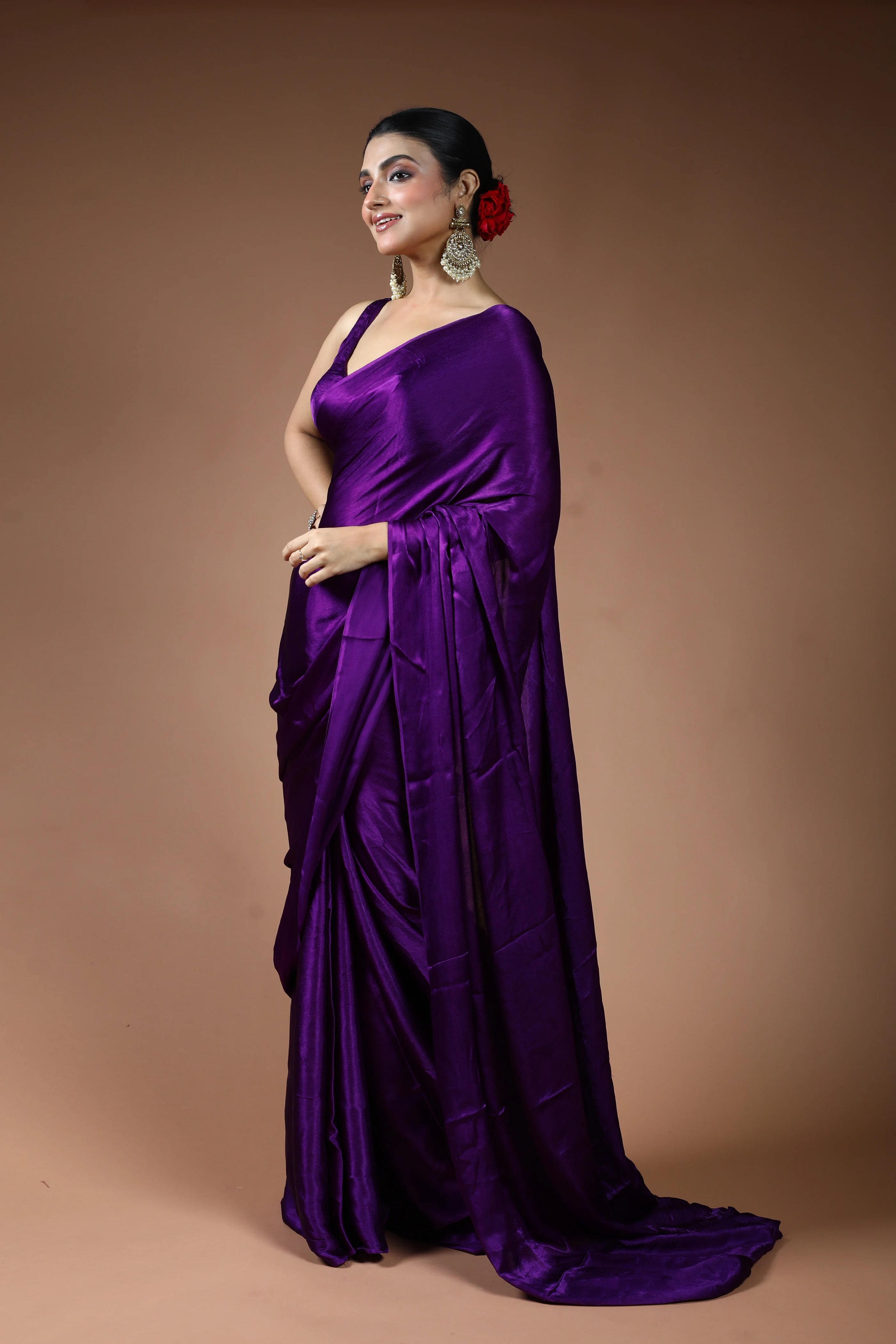 Purple Crepe Satin Saree with Blouse Piece