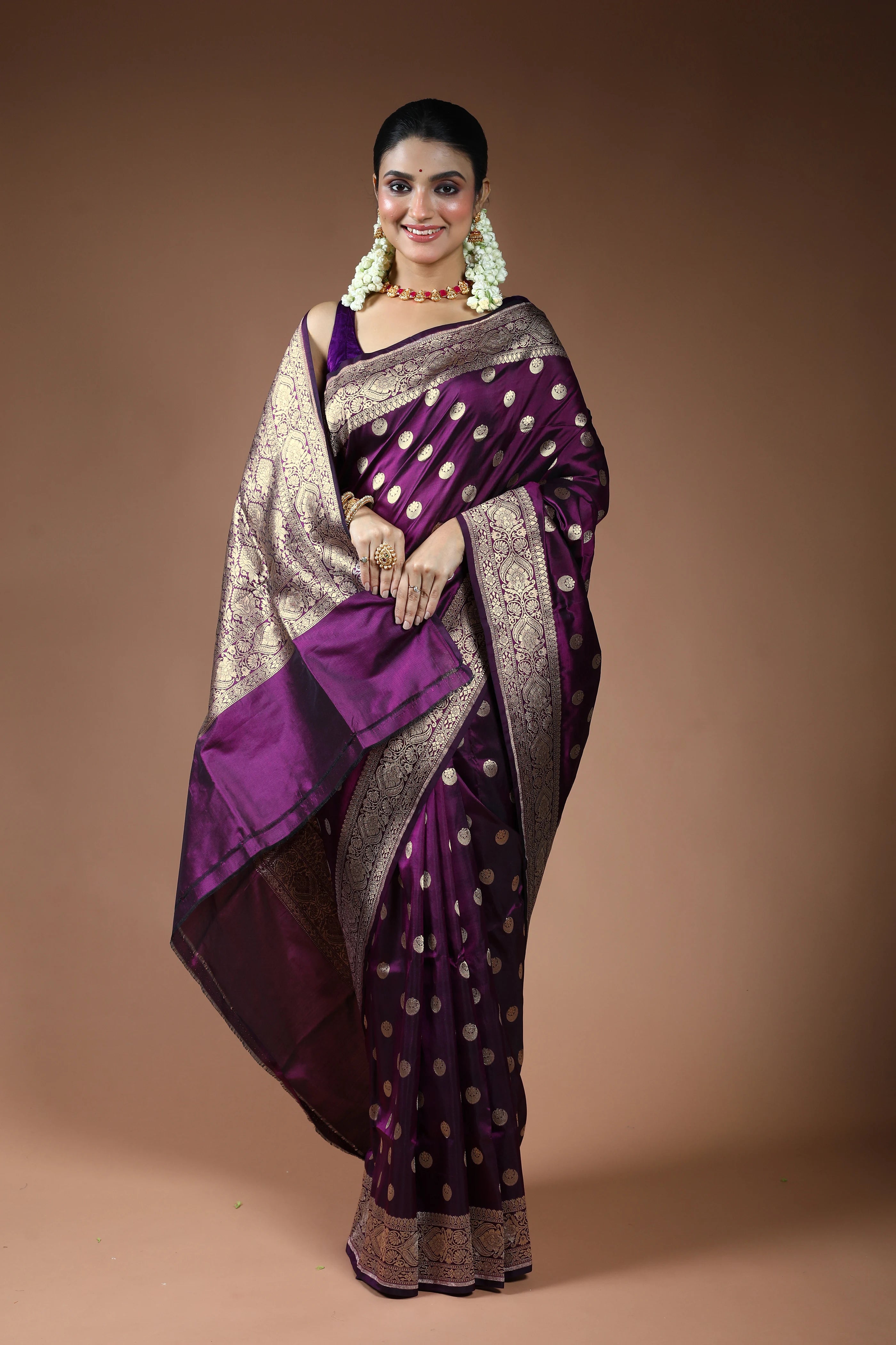 Wine Purple Katan Silk Banarasi Saree with Blouse Piece
