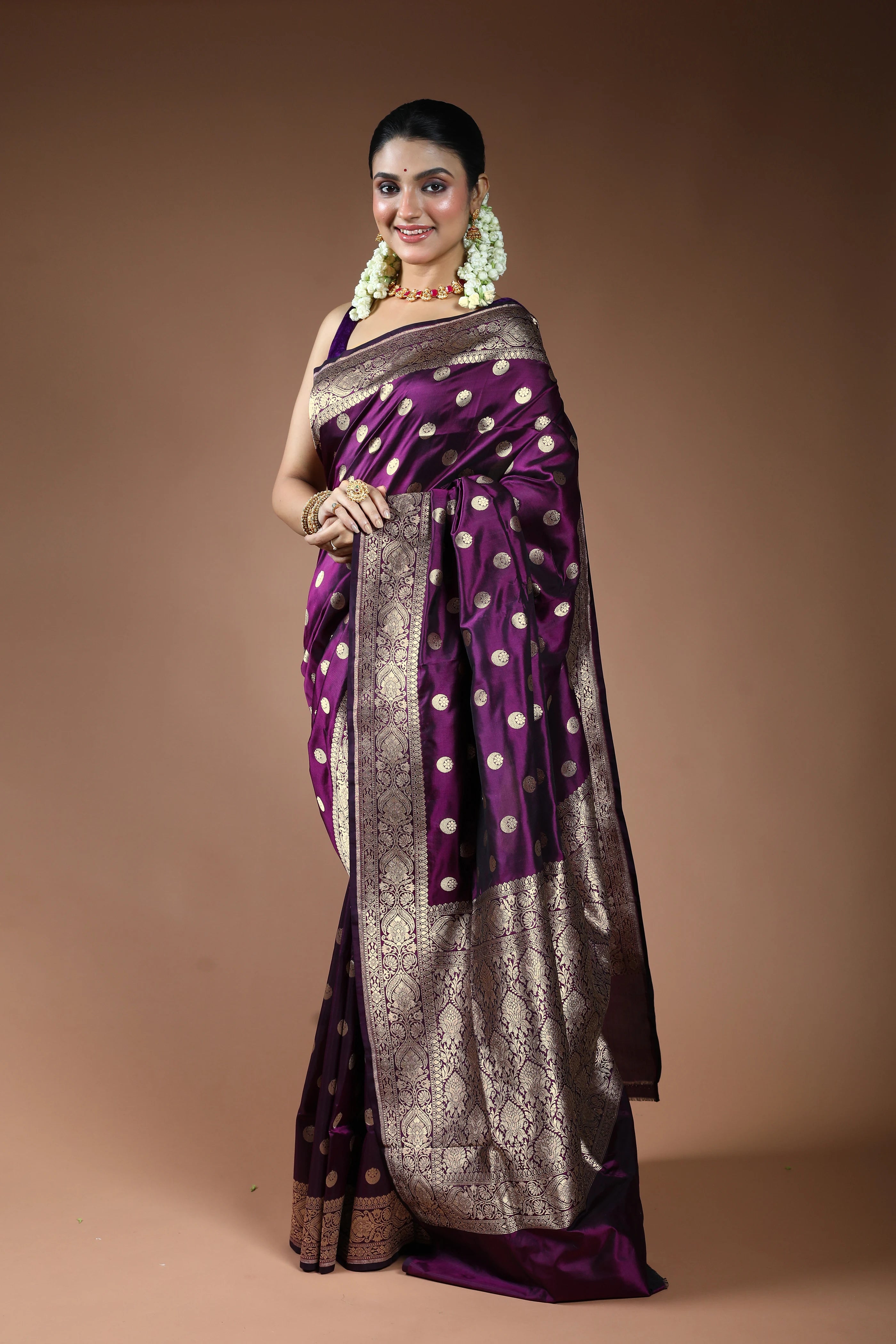 Wine Purple Katan Silk Banarasi Saree with Blouse Piece