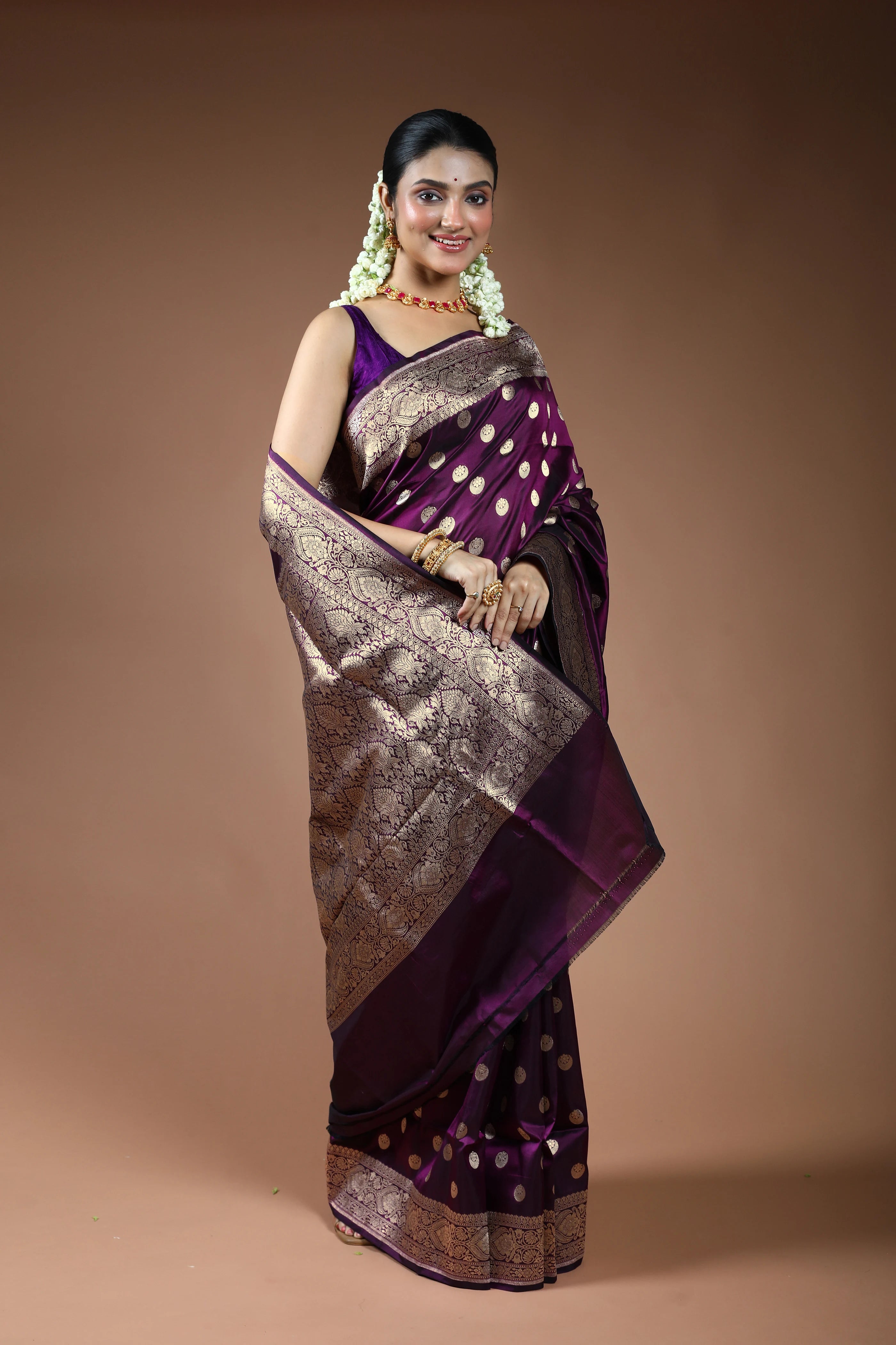 Wine Purple Katan Silk Banarasi Saree with Blouse Piece