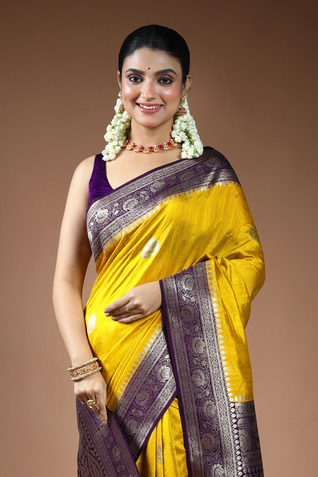 Mustard Yellow Linen Banarasi Saree with Blouse Piece