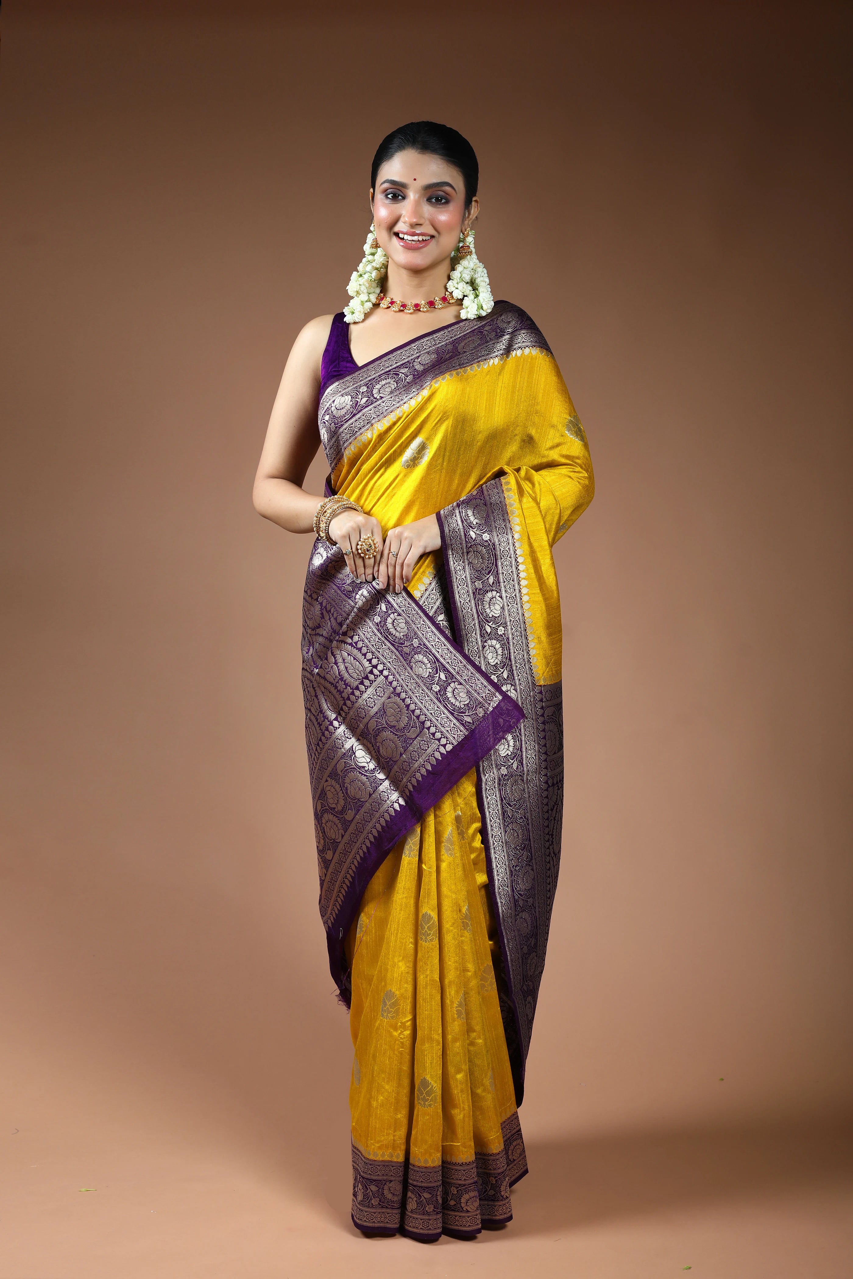 Mustard Yellow Linen Banarasi Saree with Blouse Piece