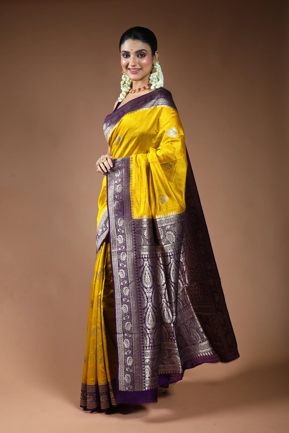 Mustard Yellow Linen Banarasi Saree with Blouse Piece