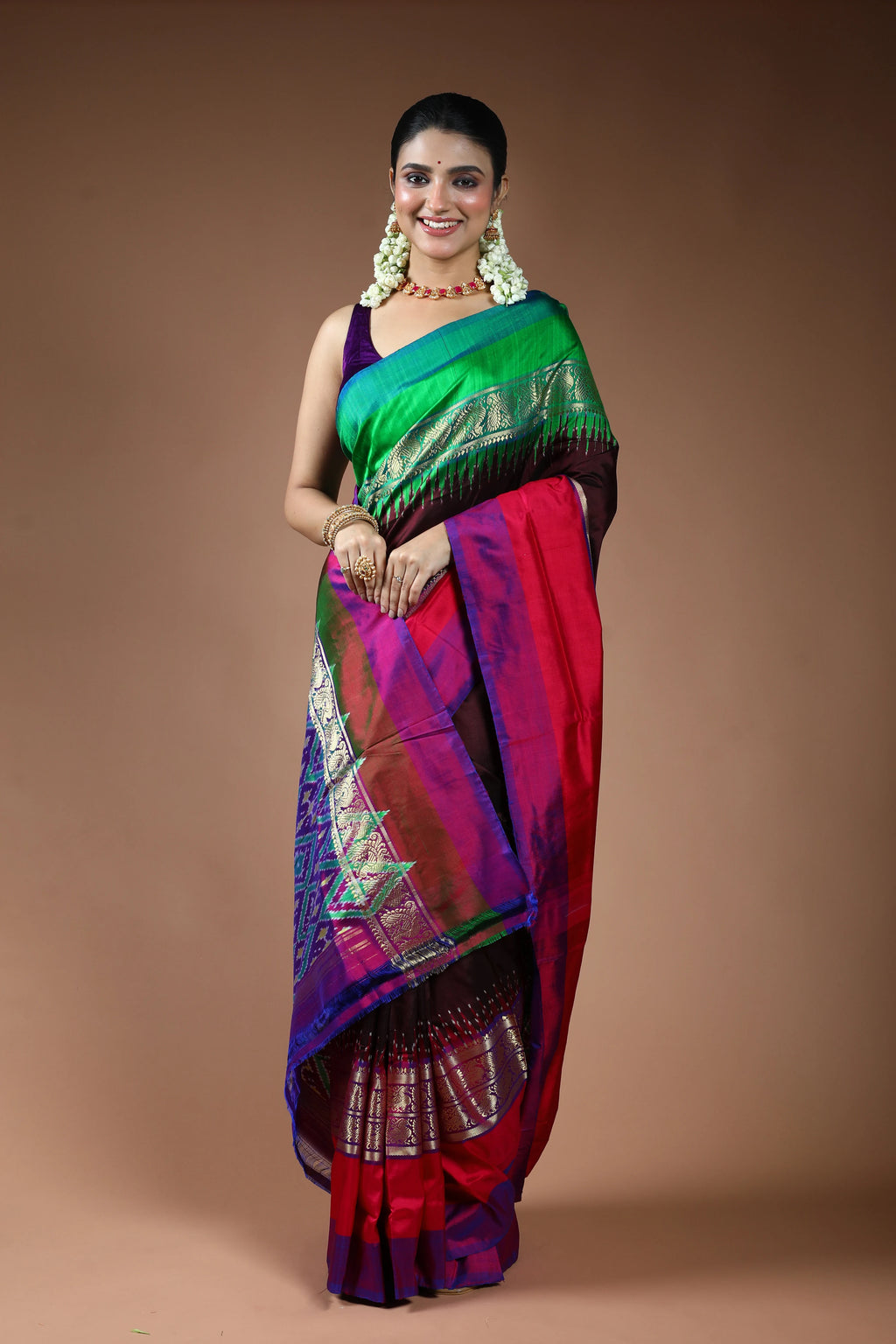 Chocolate Pochampally Silk Saree with Blouse Piece