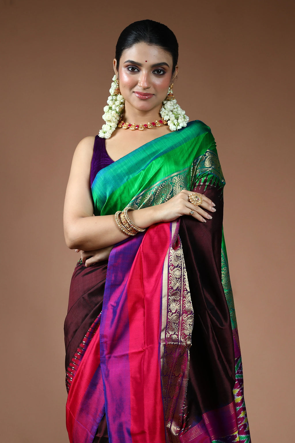 Chocolate Pochampally Silk Saree with Blouse Piece