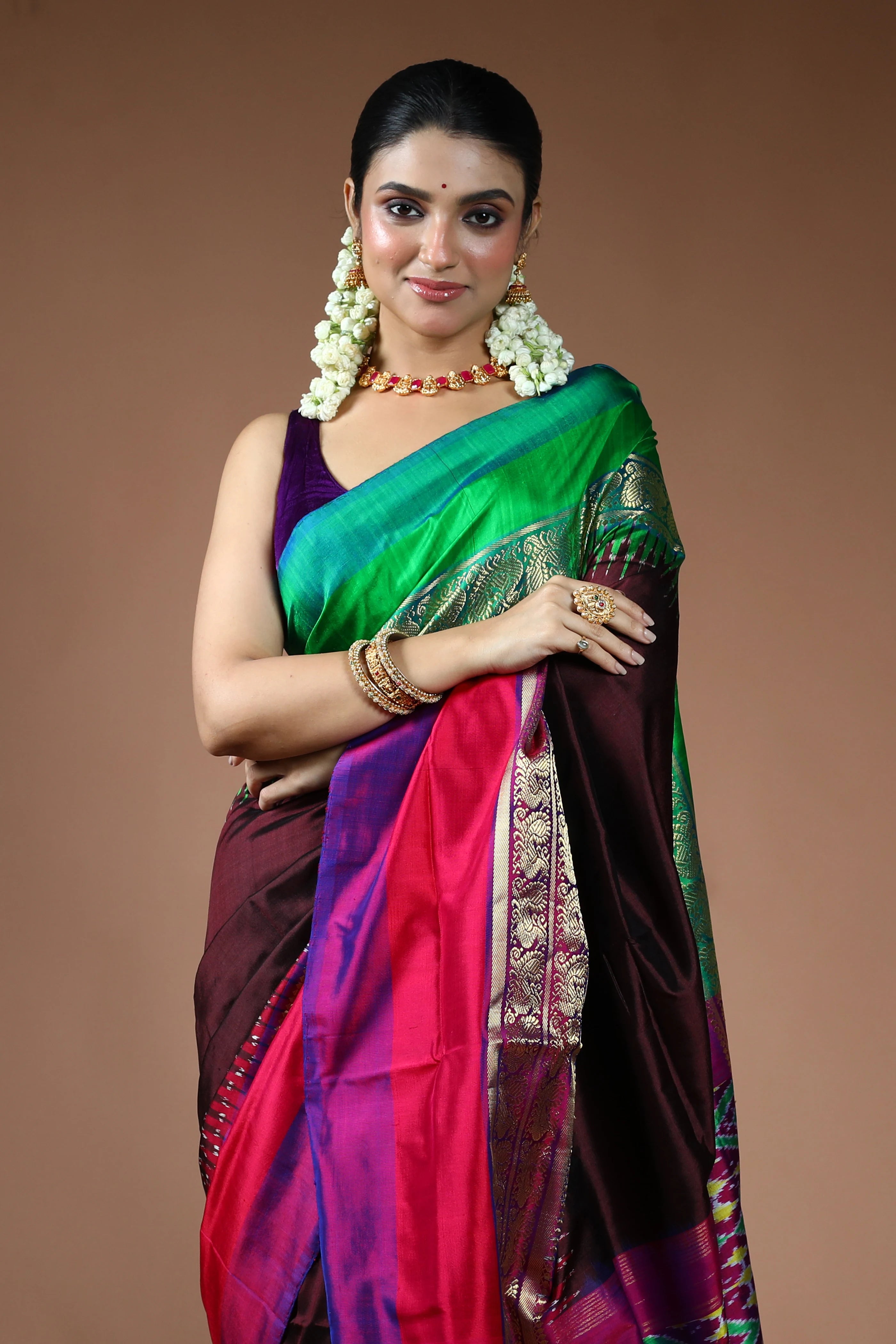 Chocolate Pochampally Silk Saree with Blouse Piece