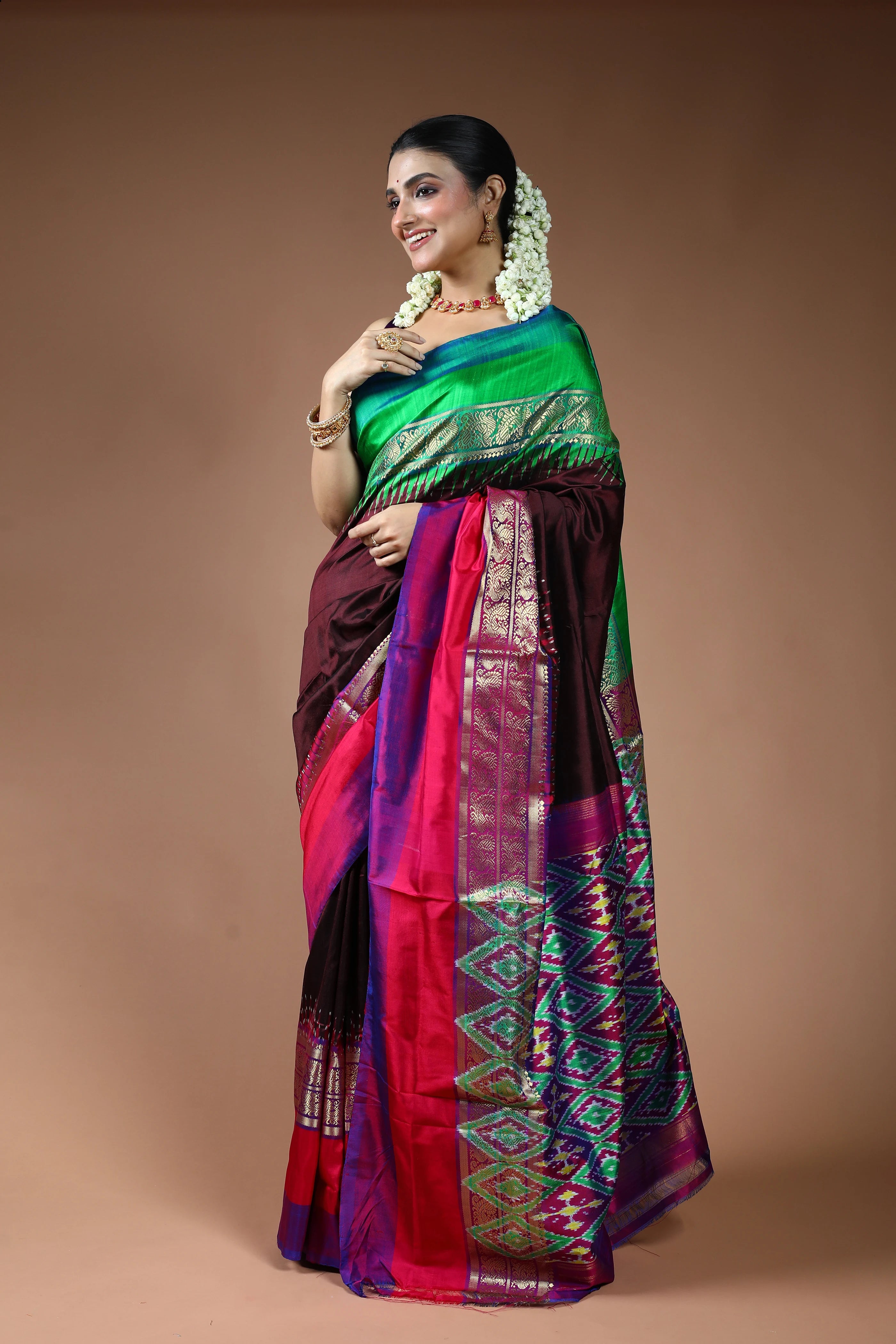 Chocolate Pochampally Silk Saree with Blouse Piece
