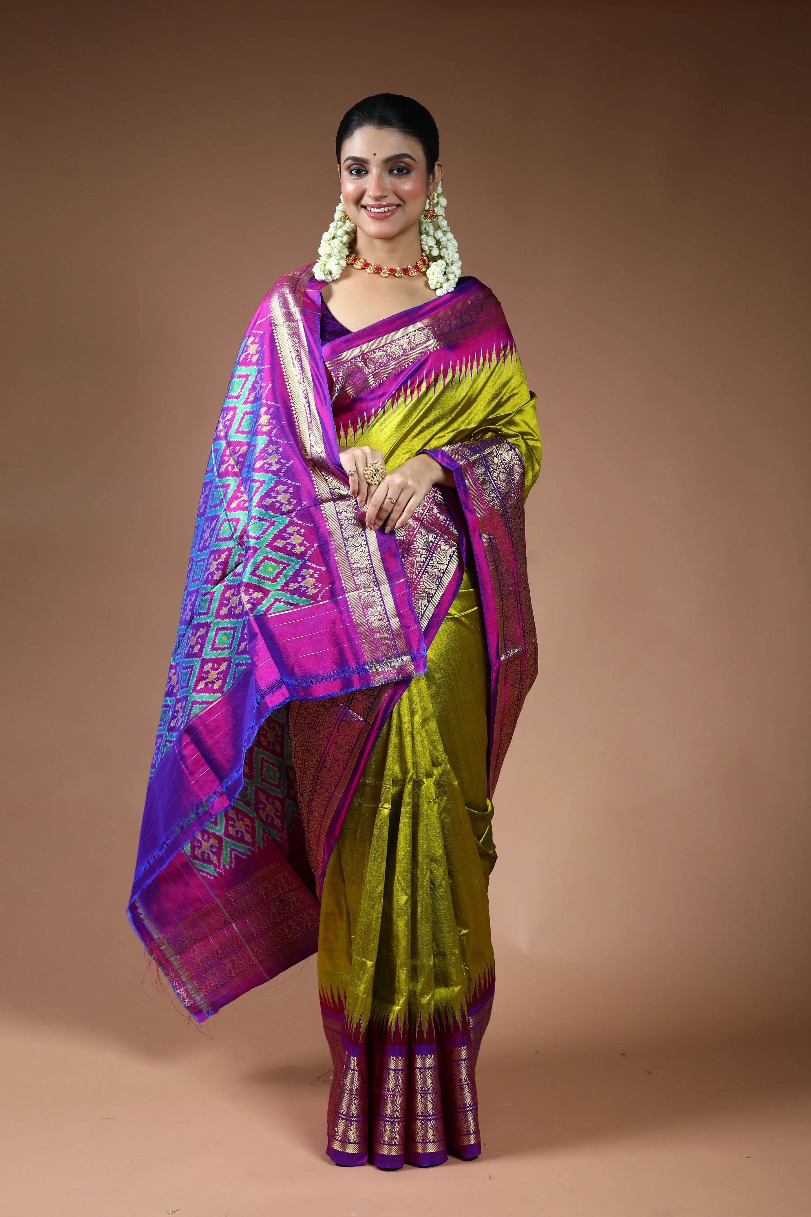 Olive Green Pochampally Silk Saree with Blouse Piece
