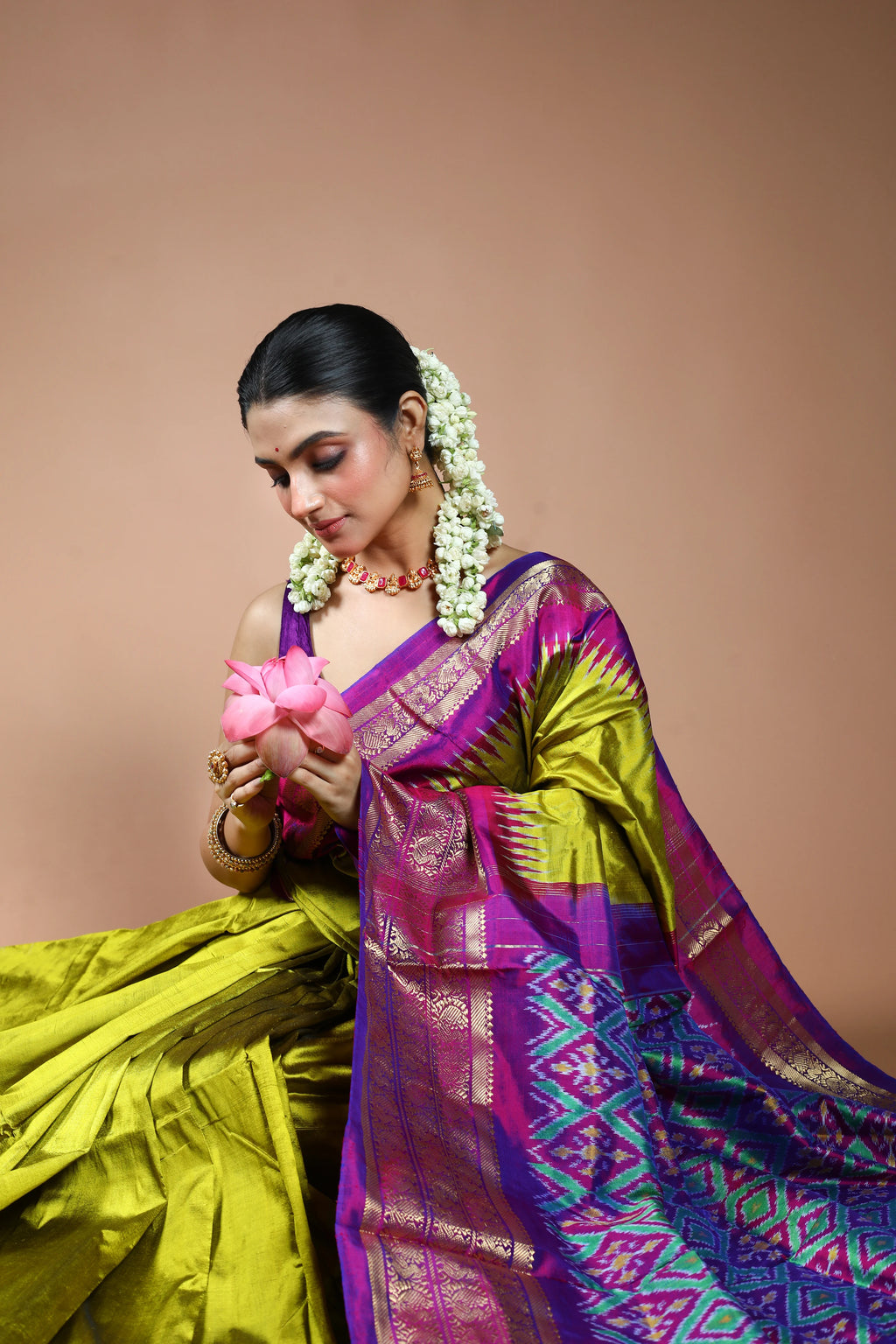Olive Green Pochampally Silk Saree with Blouse Piece