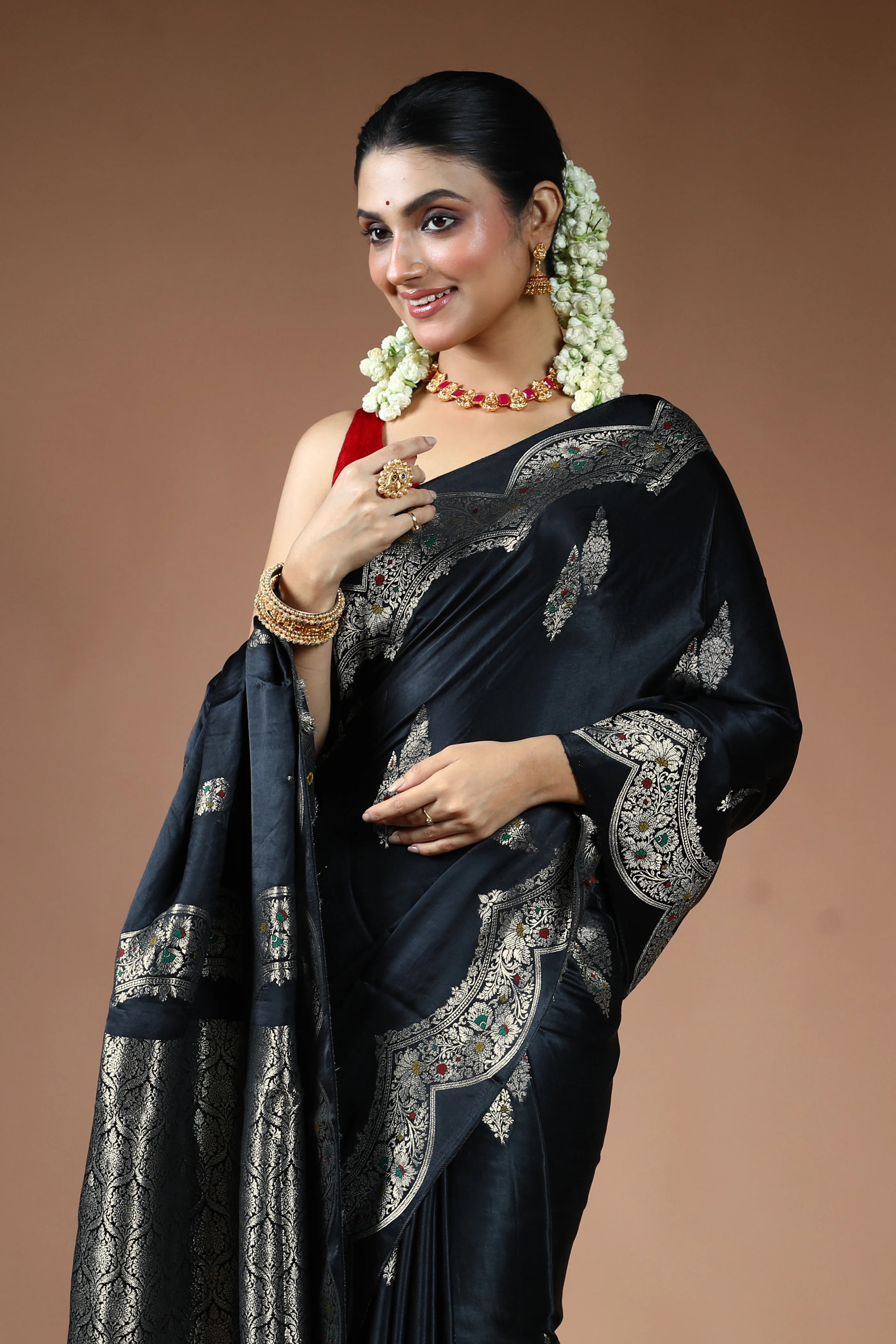 Black Semi Mashru Saree with Blouse Piece
