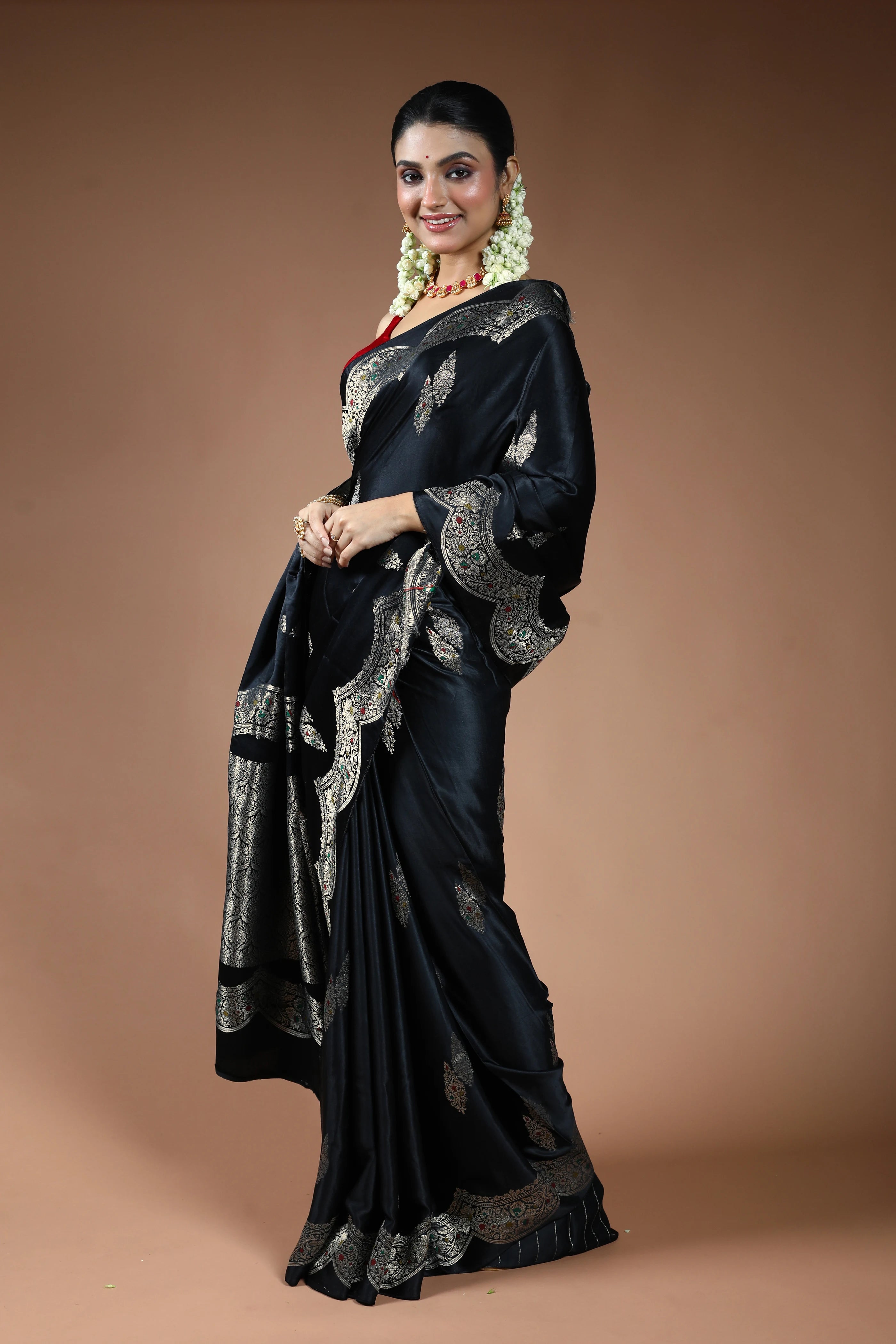 Black Semi Mashru Saree with Blouse Piece