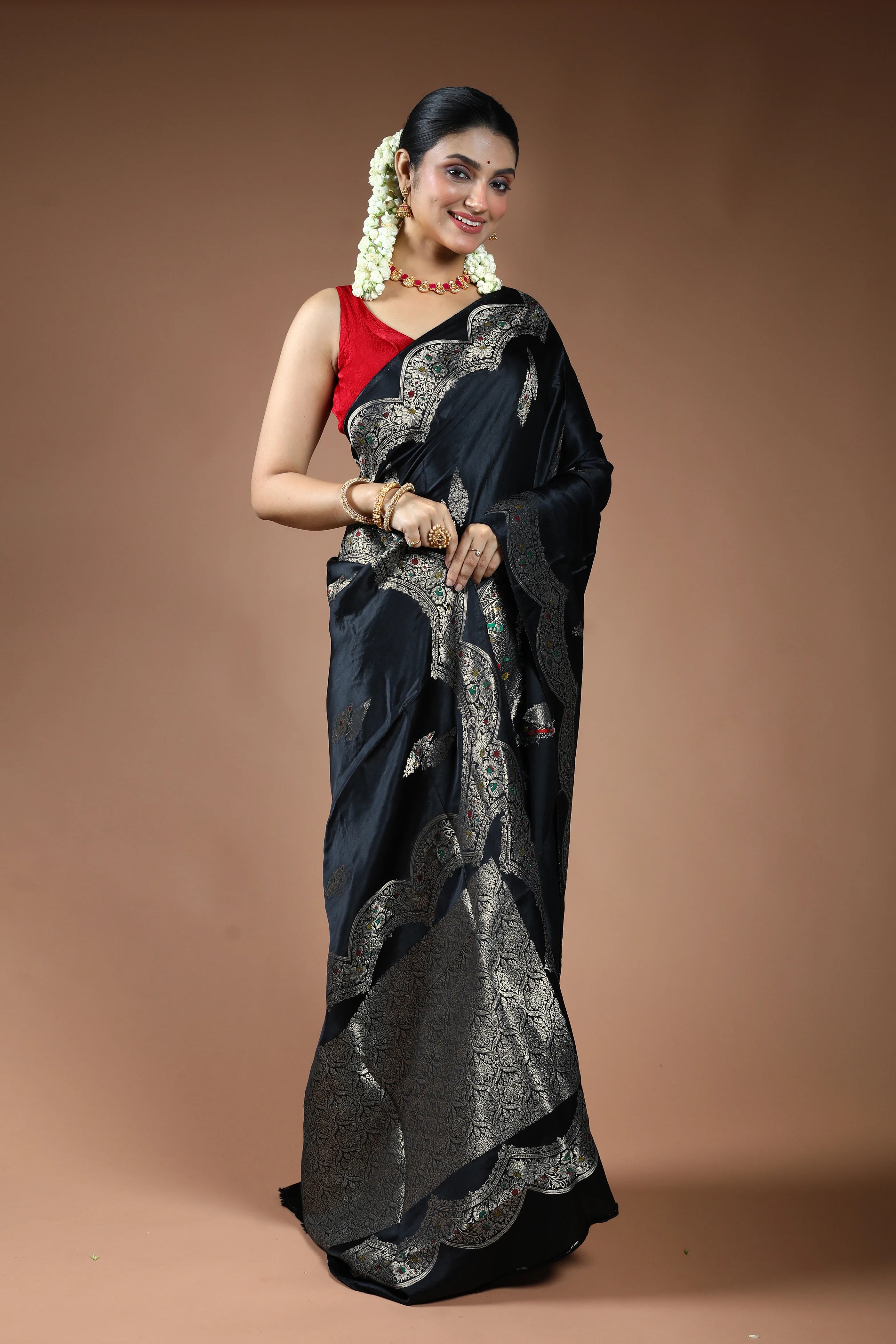 Black Semi Mashru Saree with Blouse Piece