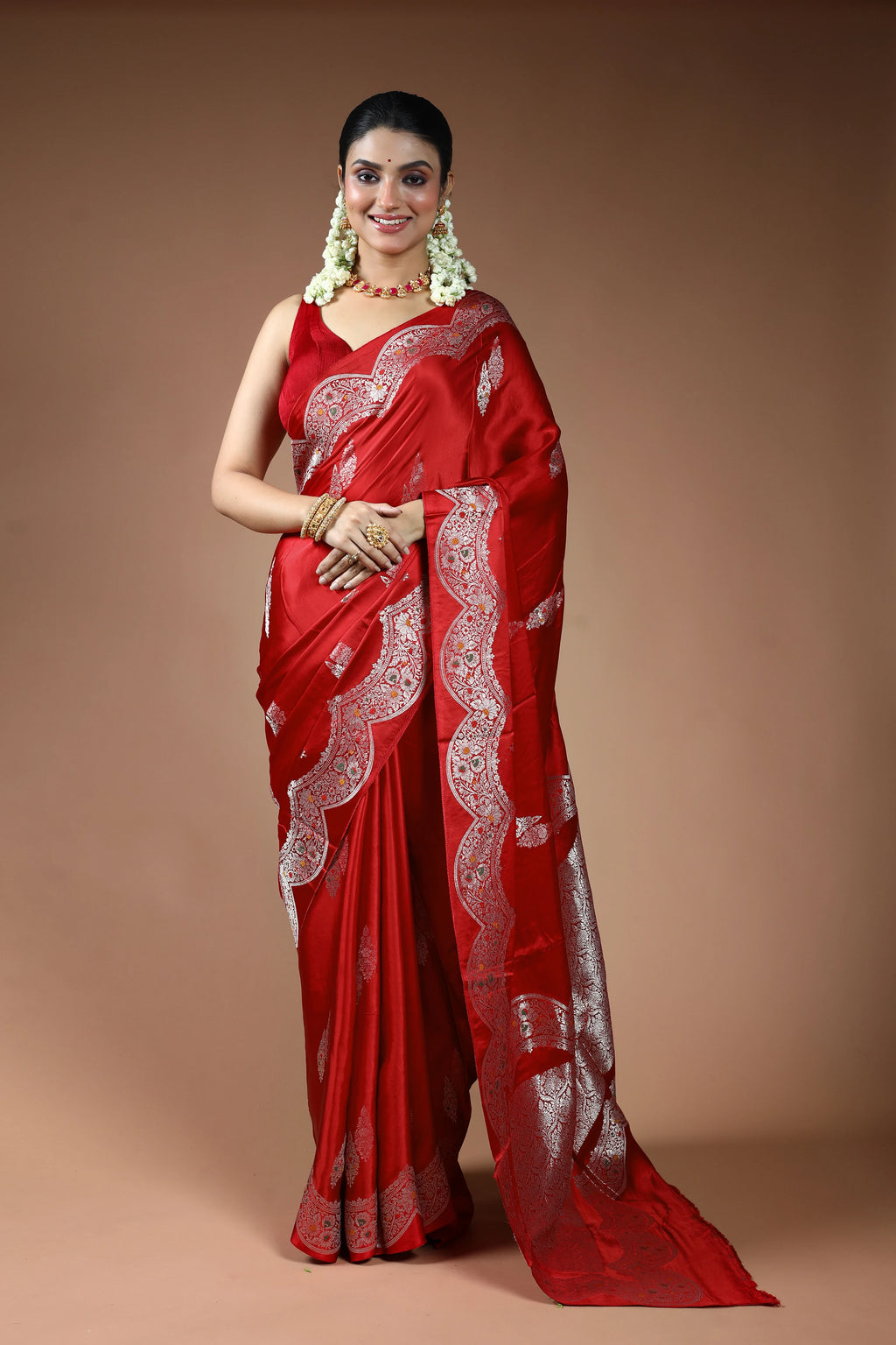 Red Blended Mashru Saree with Blouse Piece
