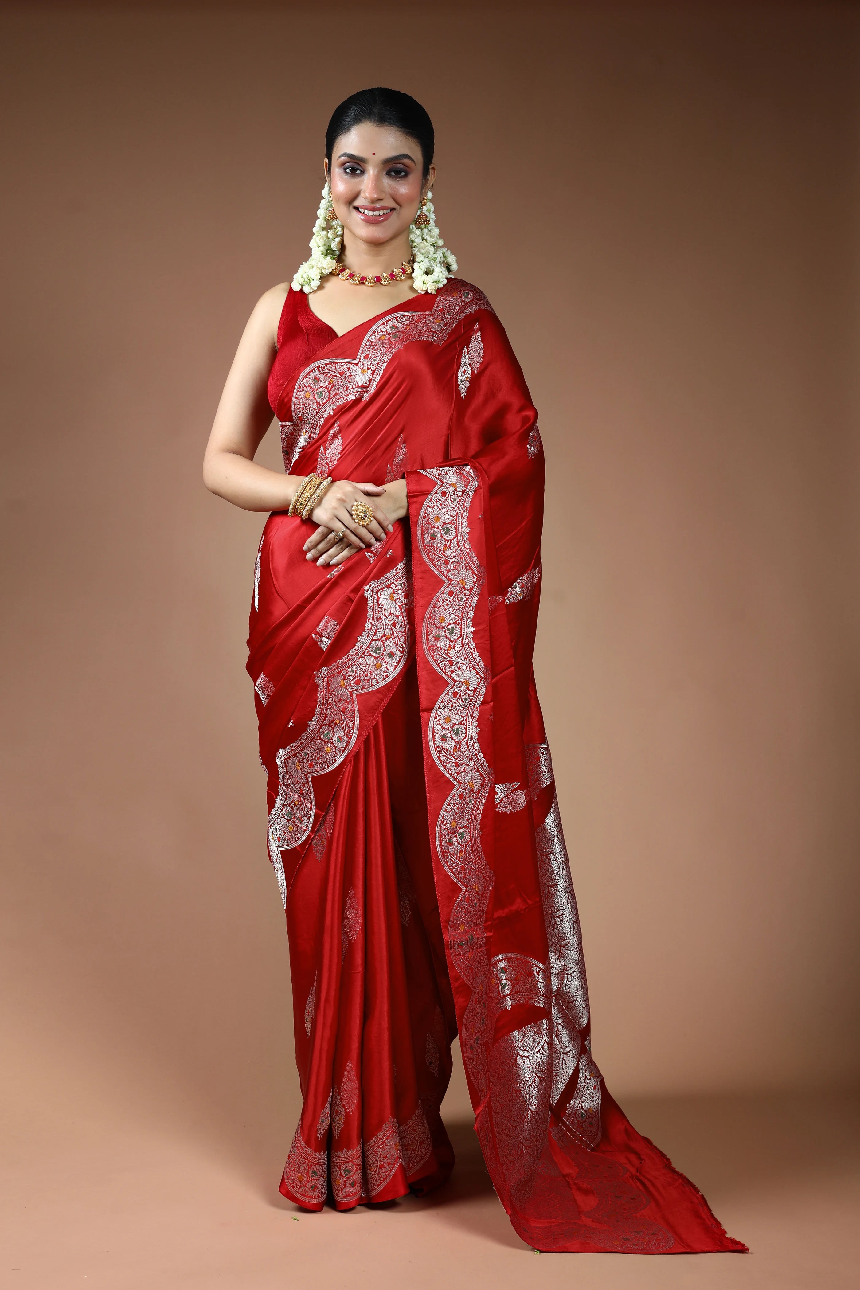 Red Blended Mashru Saree with Blouse Piece