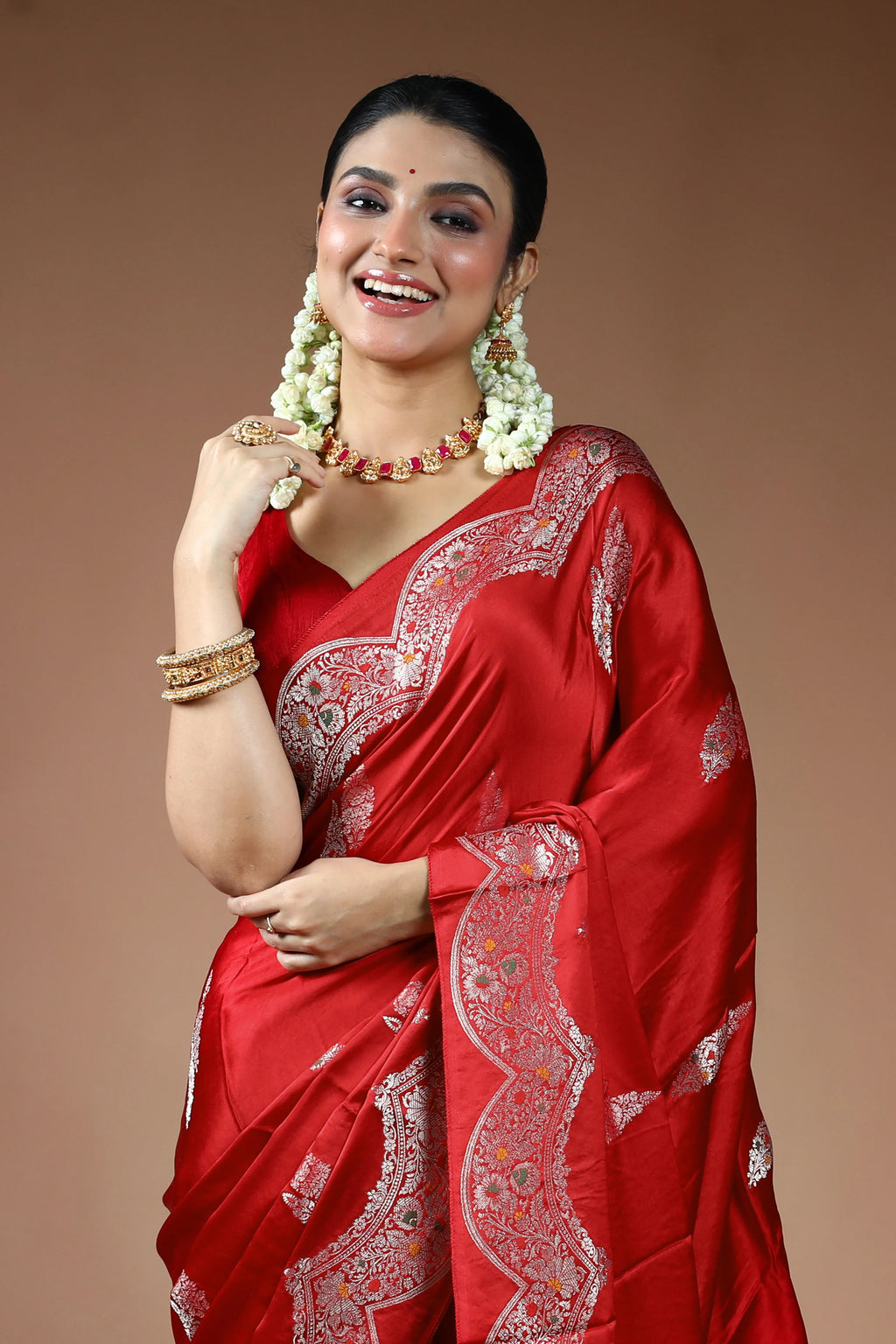 Red Blended Mashru Saree with Blouse Piece
