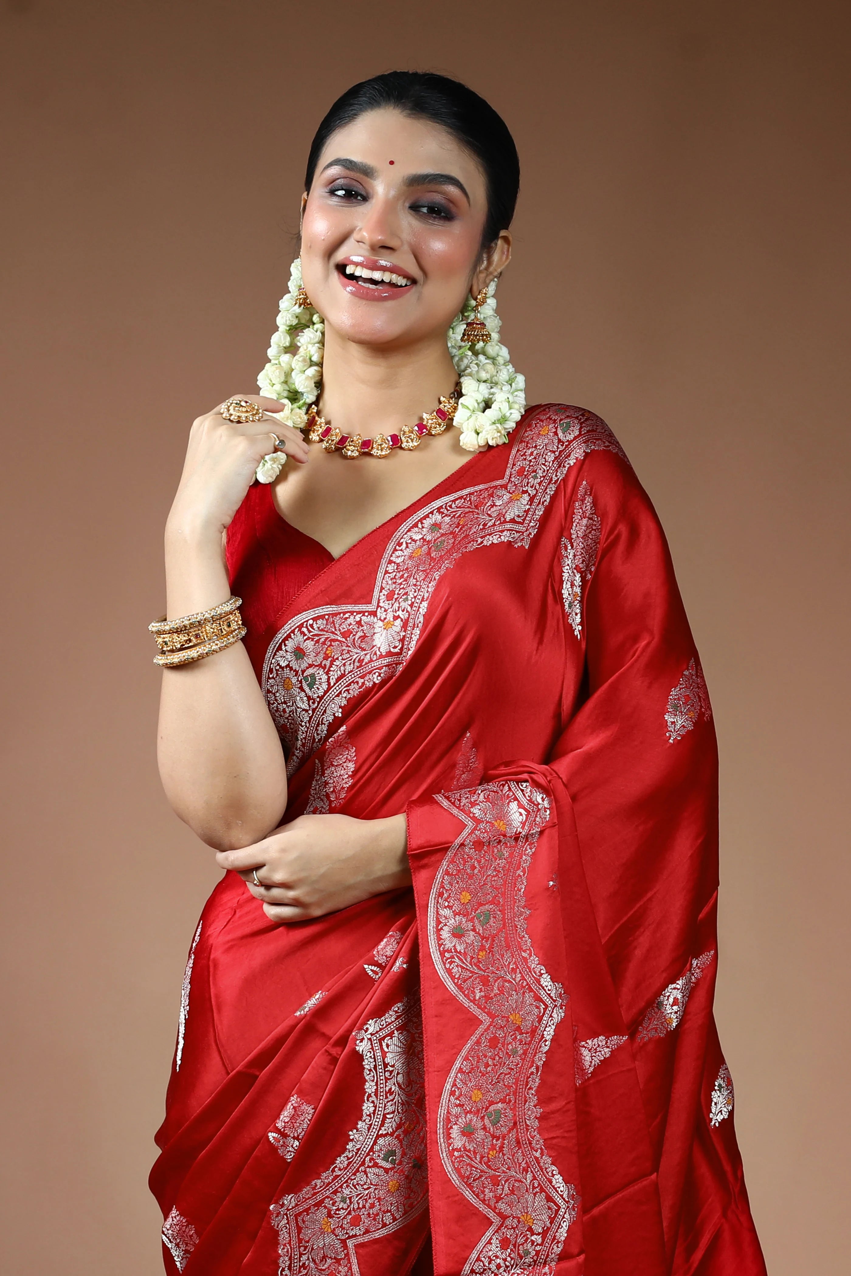 Red Blended Mashru Saree with Blouse Piece
