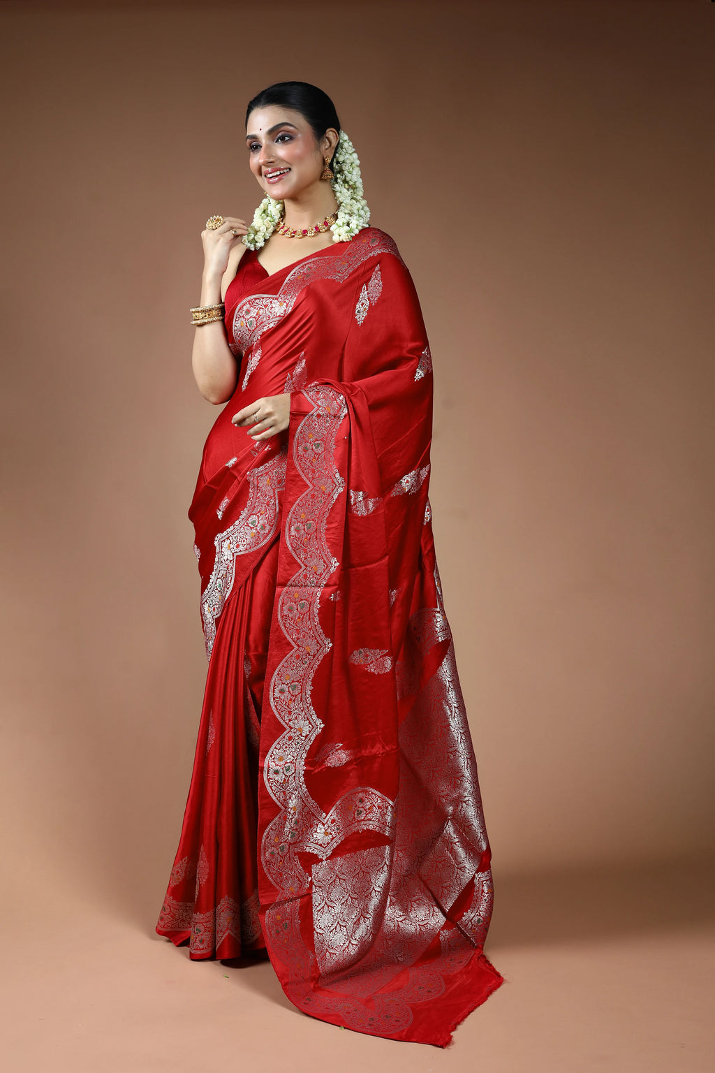 Red Blended Mashru Saree with Blouse Piece