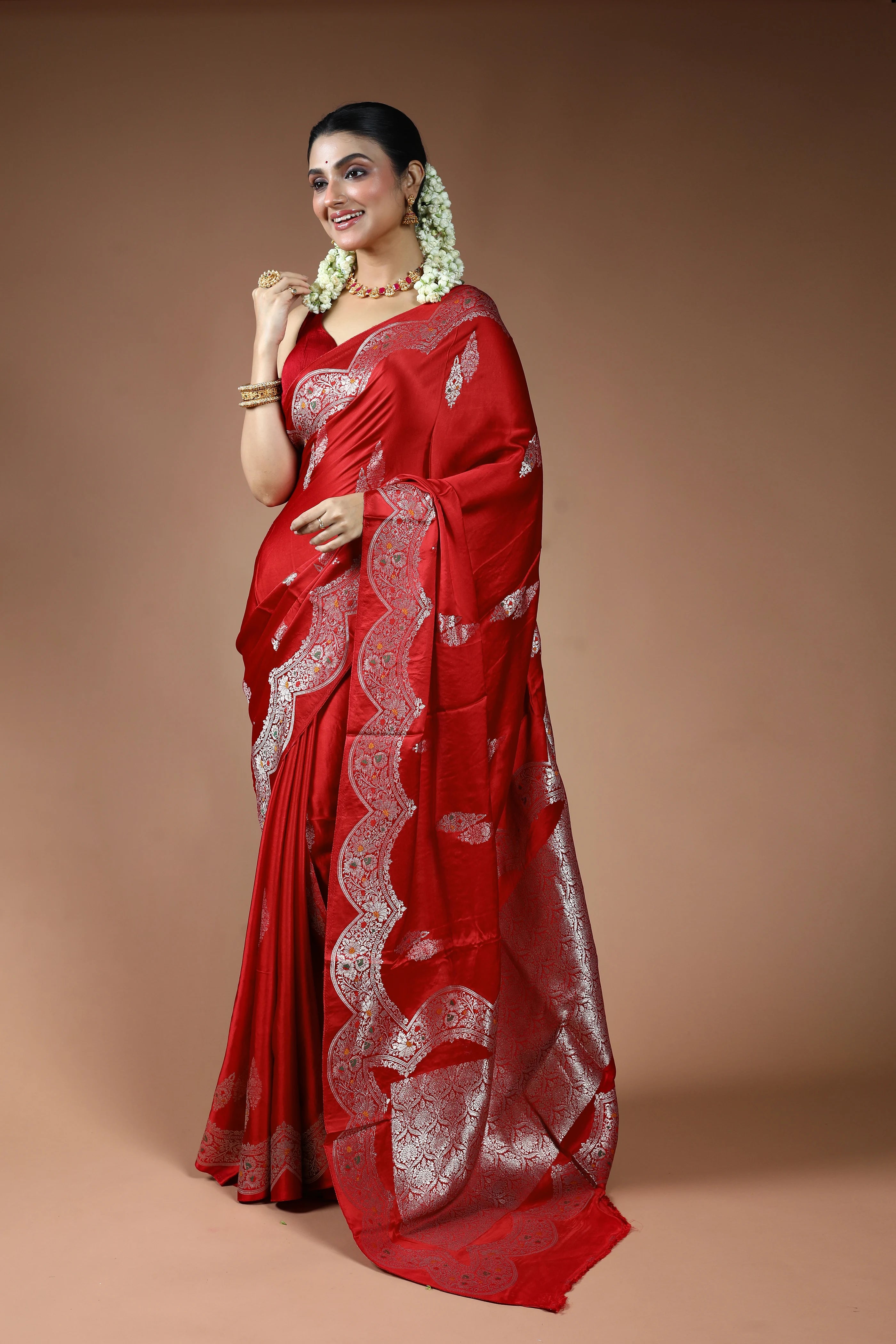 Red Blended Mashru Saree with Blouse Piece