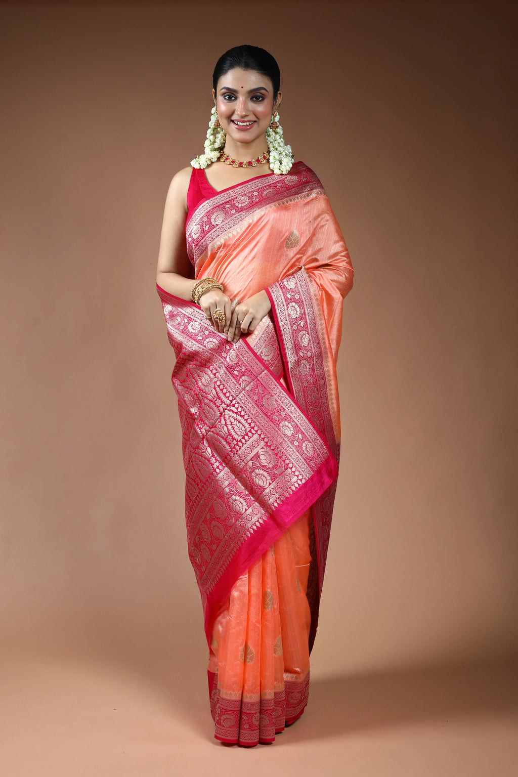 Peach Blended Linen Banarasi Saree with Blouse Piece