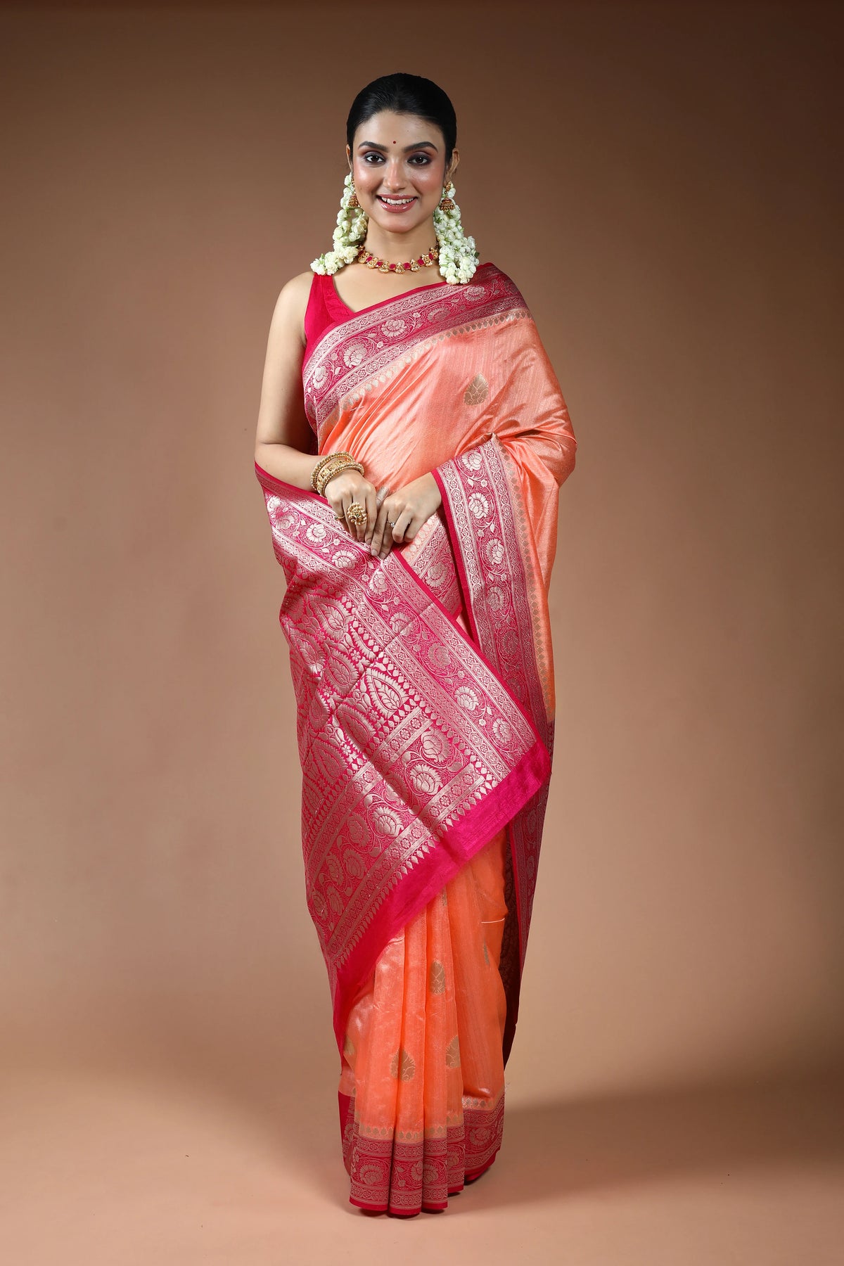 Peach Blended Linen Banarasi Saree with Blouse Piece