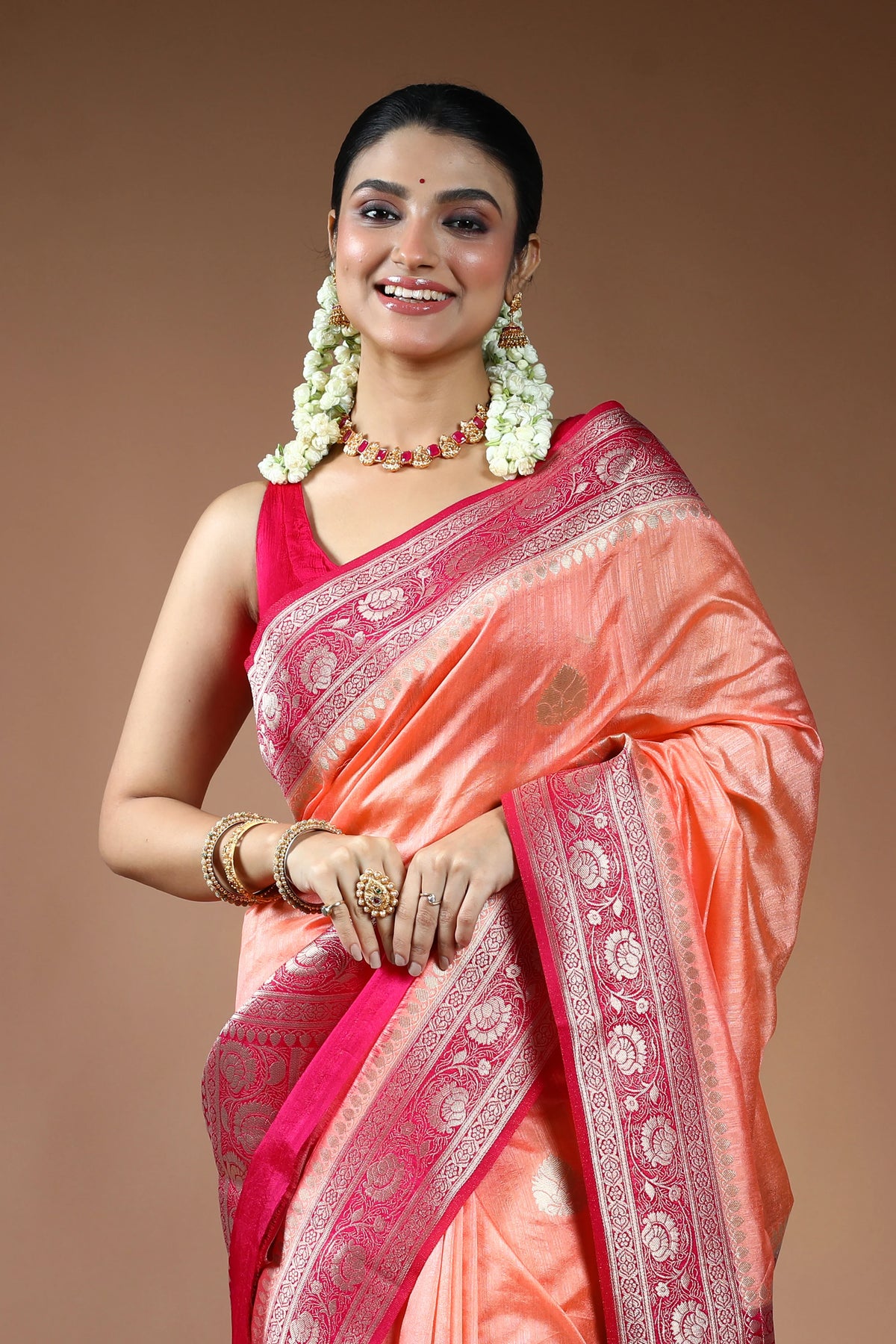 Peach Blended Linen Banarasi Saree with Blouse Piece