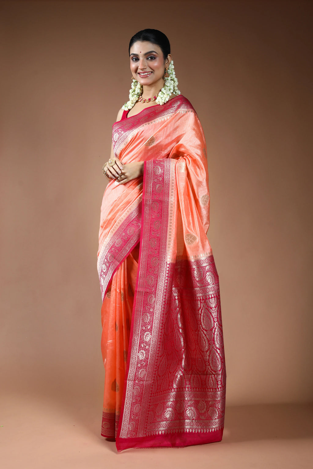 Peach Blended Linen Banarasi Saree with Blouse Piece