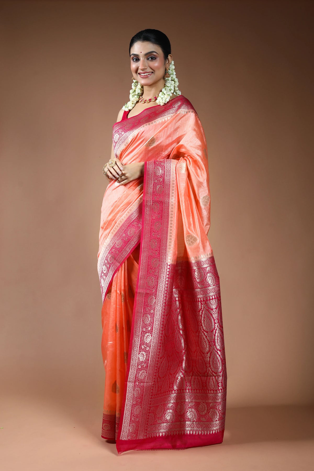 Peach Blended Linen Banarasi Saree with Blouse Piece