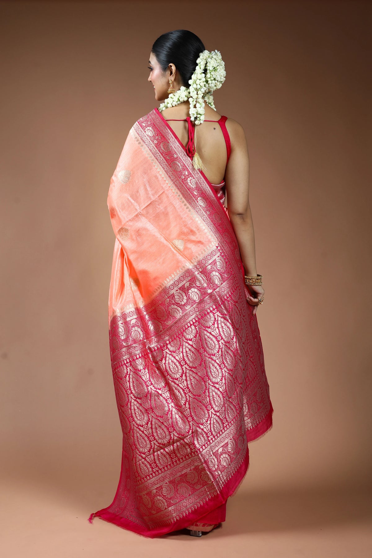 Peach Blended Linen Banarasi Saree with Blouse Piece
