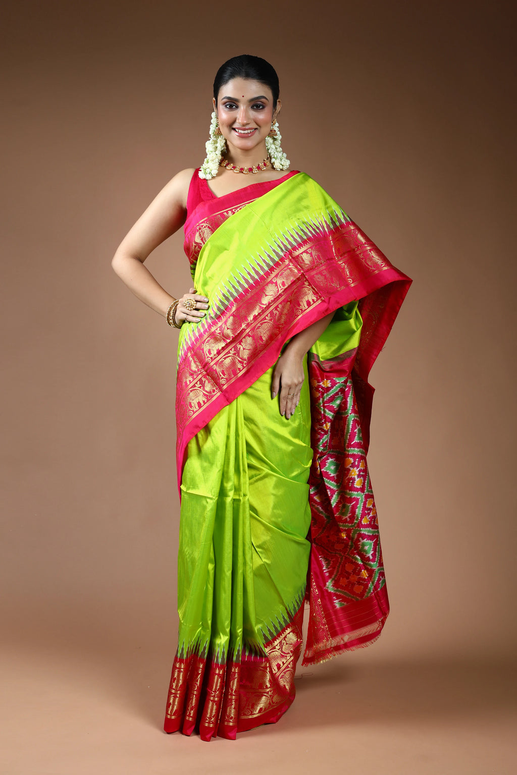 Parrot Green Pochampally Silk Saree with Blouse Piece