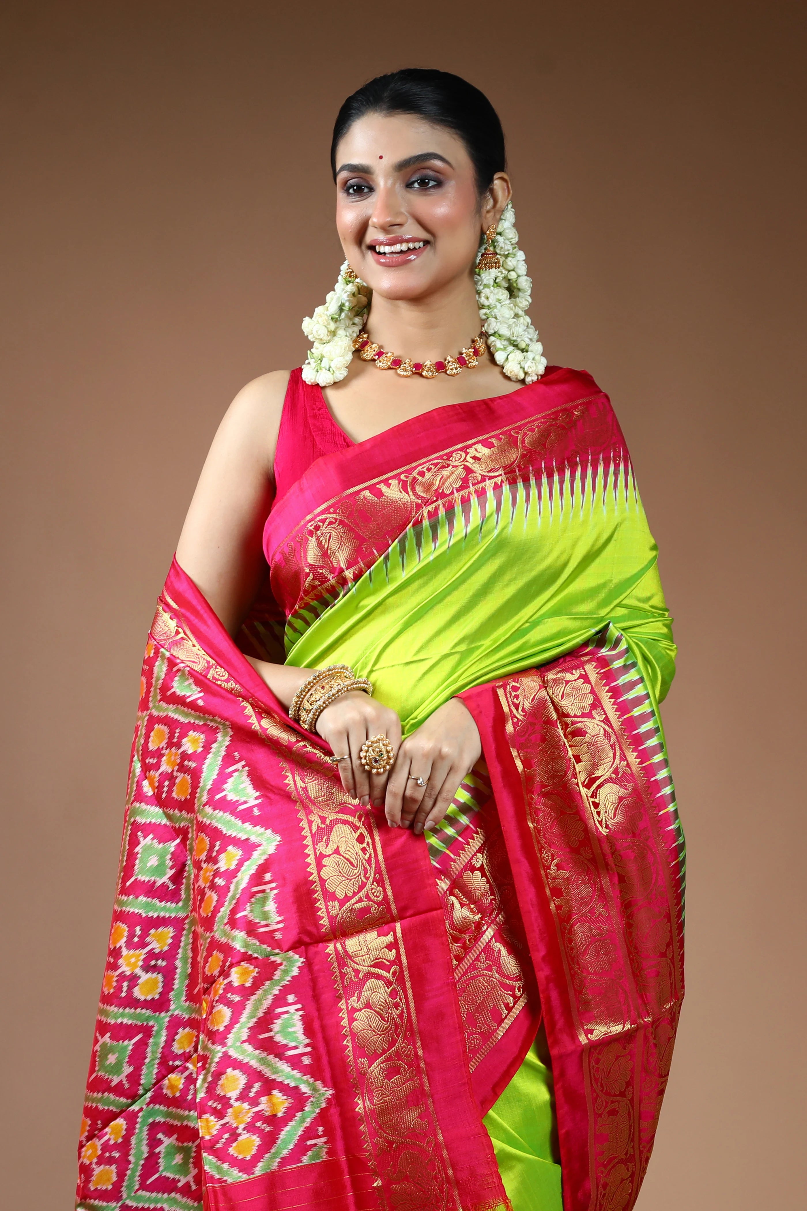 Parrot Green Pochampally Silk Saree with Blouse Piece