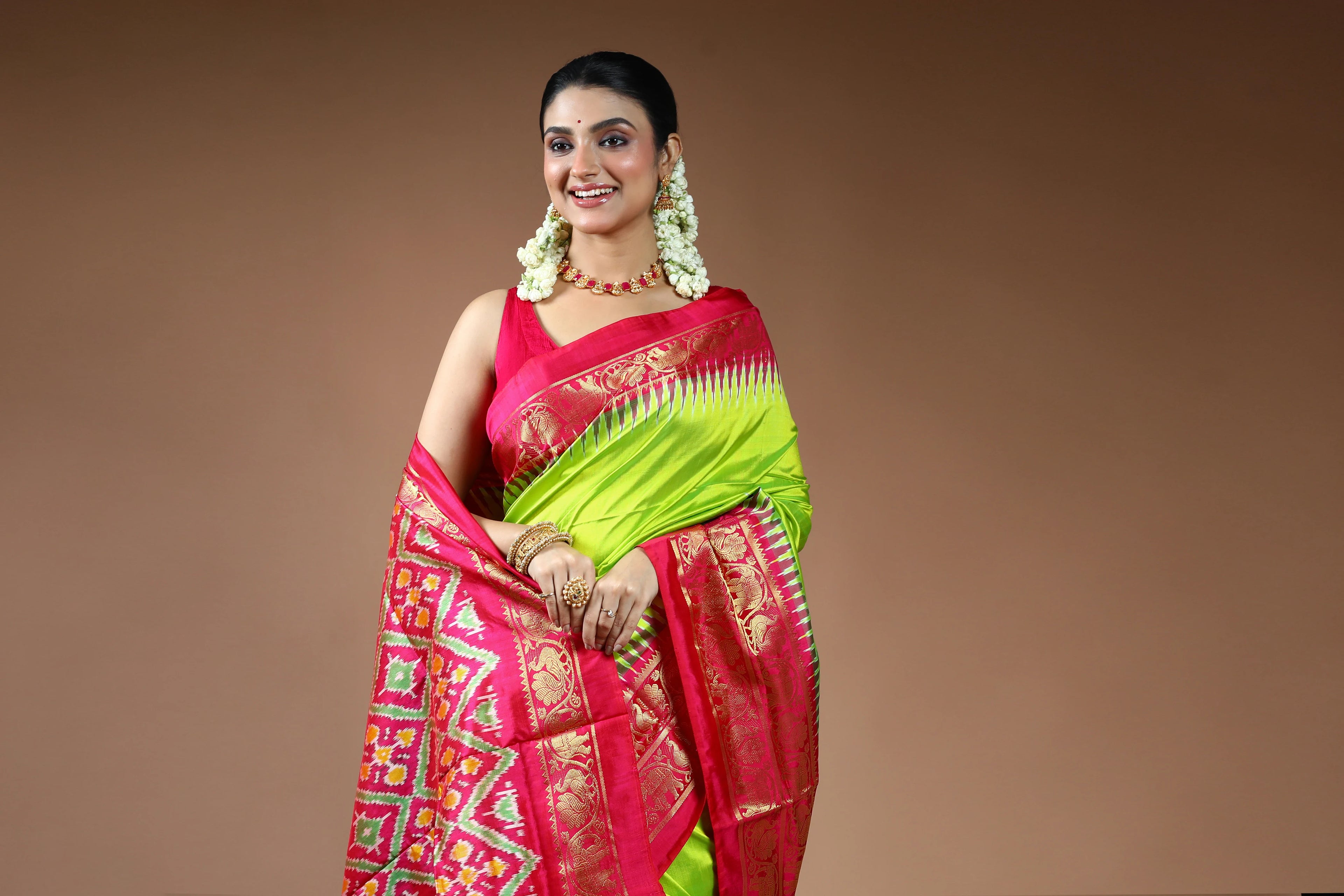 Parrot Green Pochampally Silk Saree with Blouse Piece