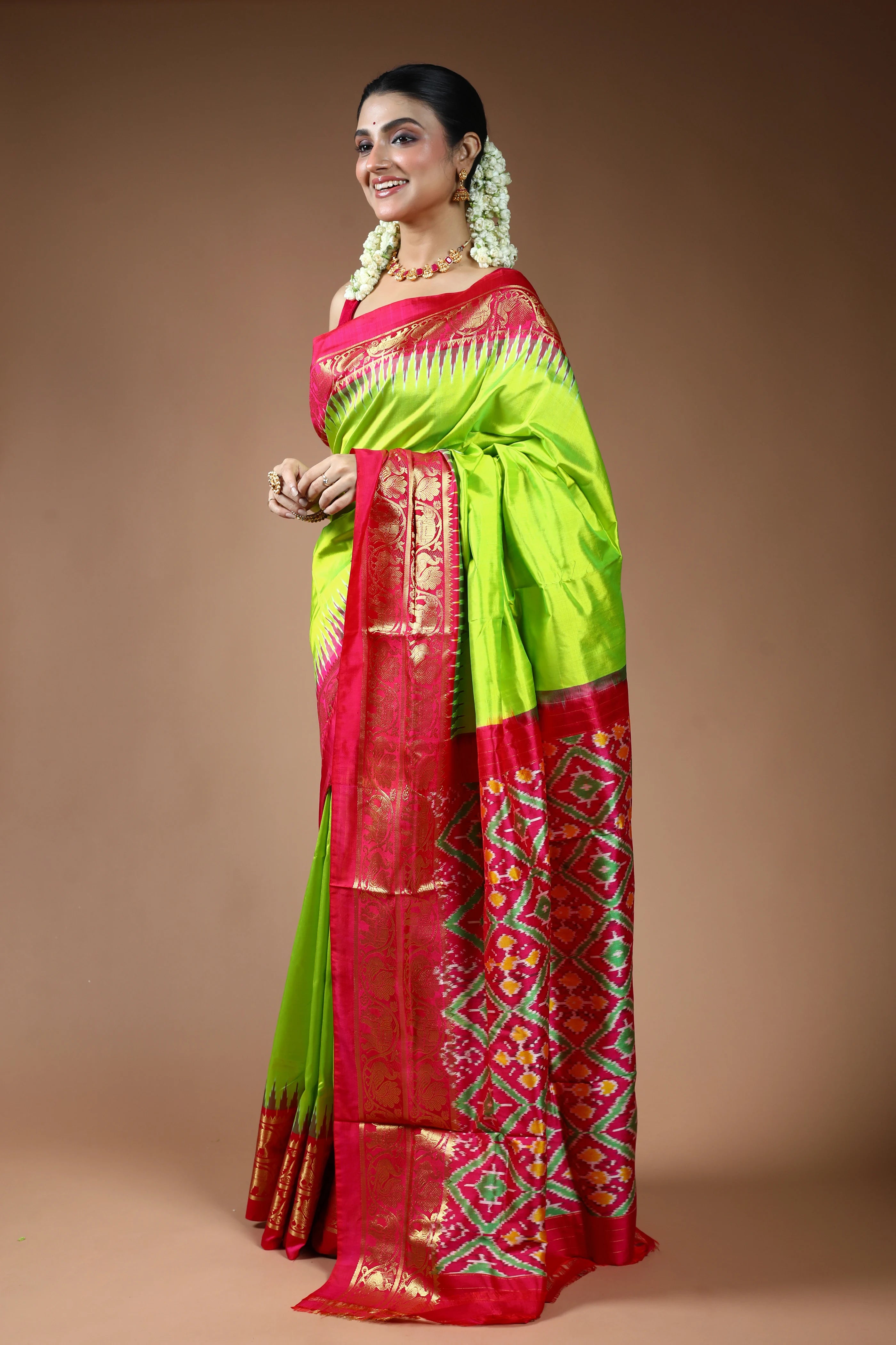 Parrot Green Pochampally Silk Saree with Blouse Piece