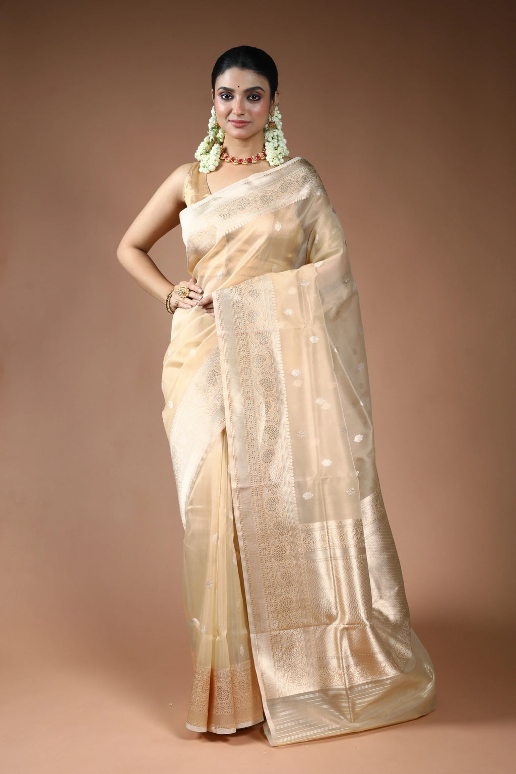 Beige Kora Banarasi Saree with Blouse Piece