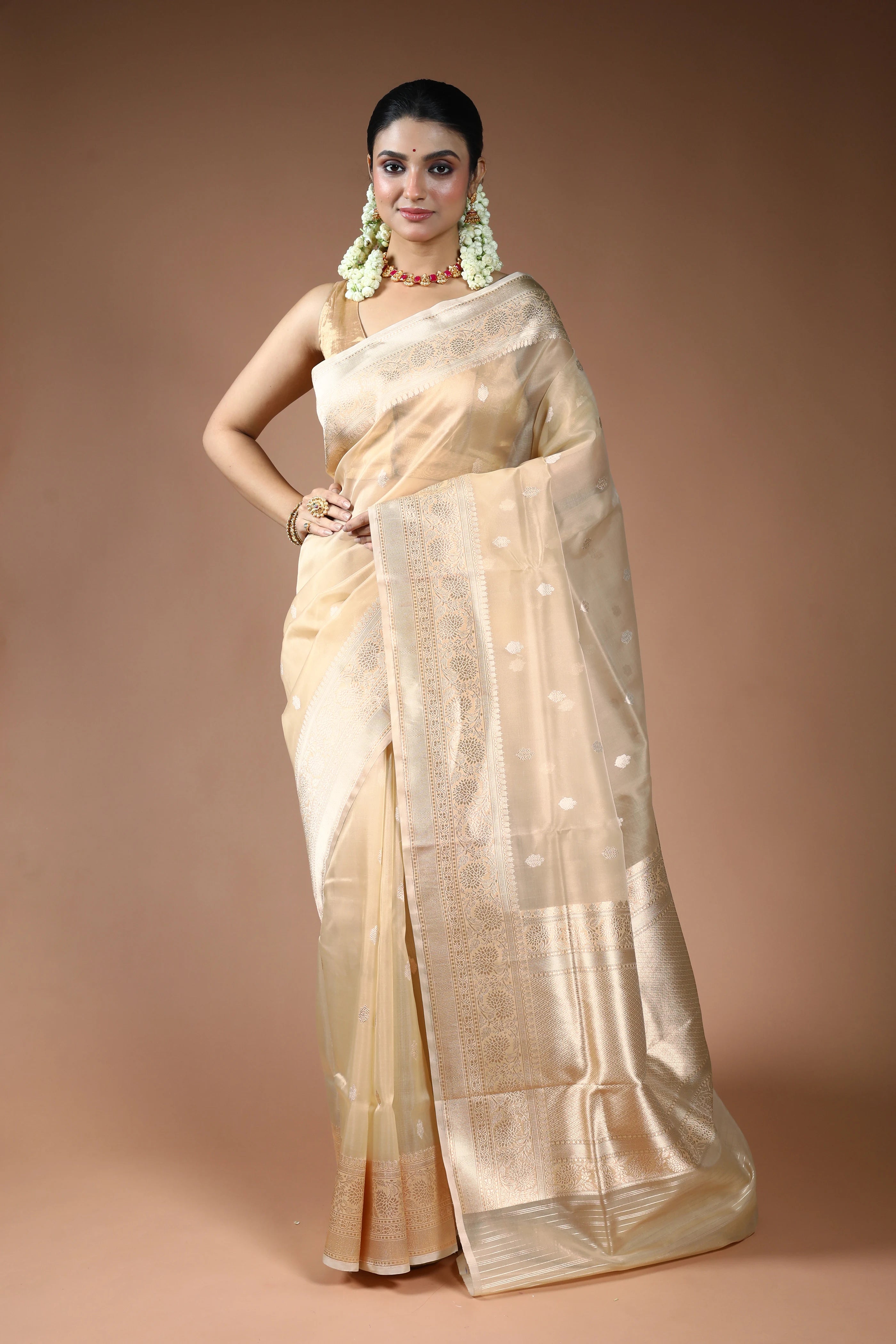 Beige Kora Banarasi Saree with Blouse Piece